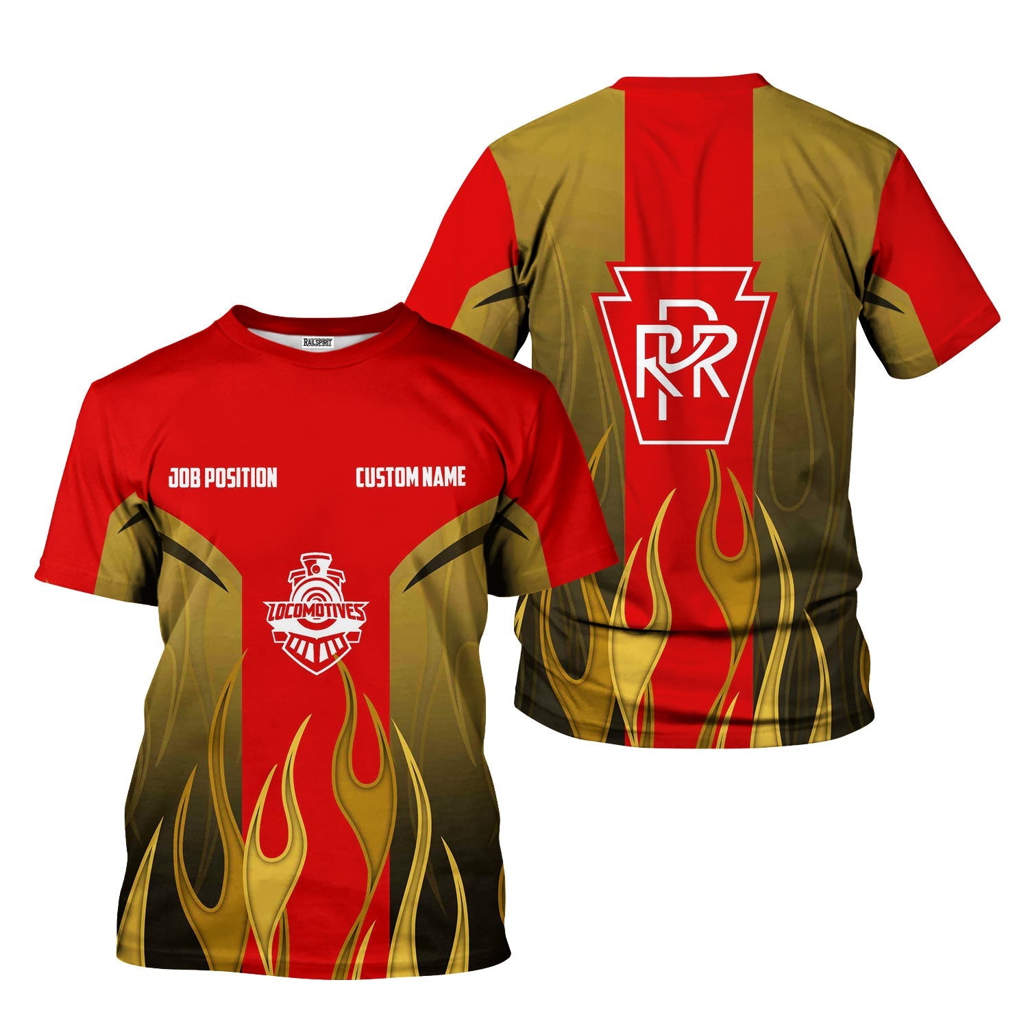 Railspirit Custom Name and Job Title Pennsylvania Railroad T-Shirt Flame Graphic Train Shirt