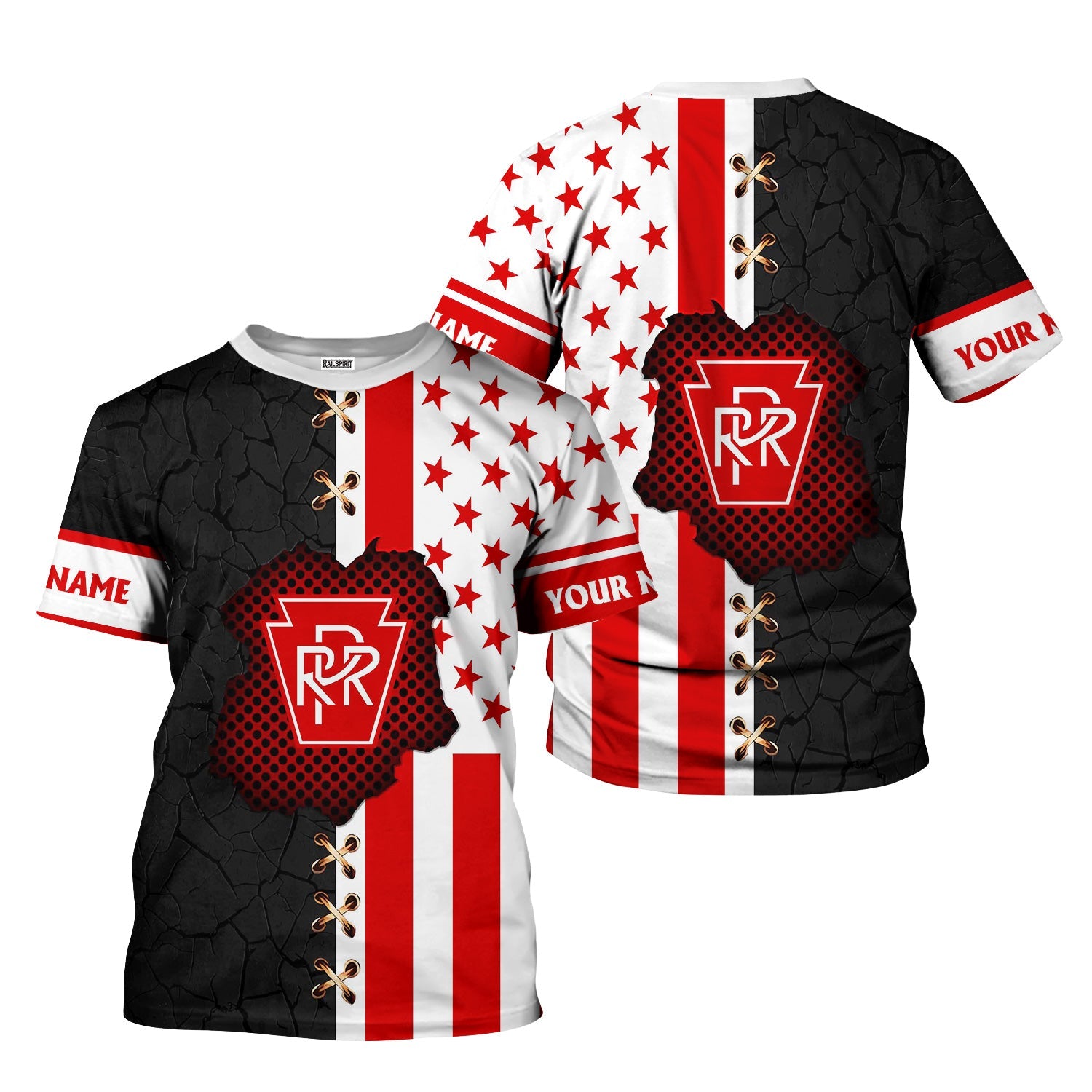 Railspirit Personalized Pennsylvania Railroad T-Shirt American Flag with Crack Effect Train Shirt
