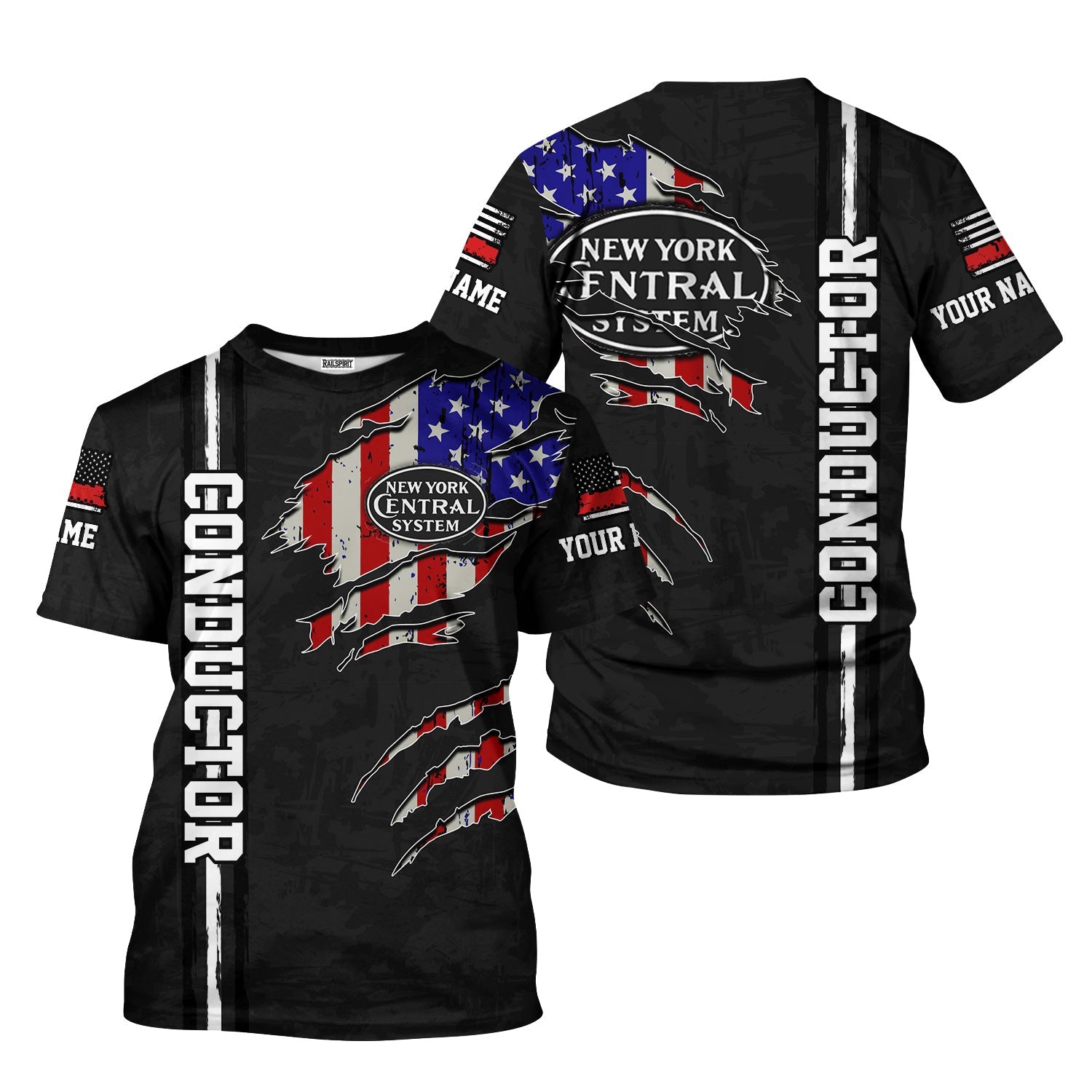 Railspirit Personalized New York Central Railroad T-Shirt USA Flag Claw Art with Custom Job Train Shirt