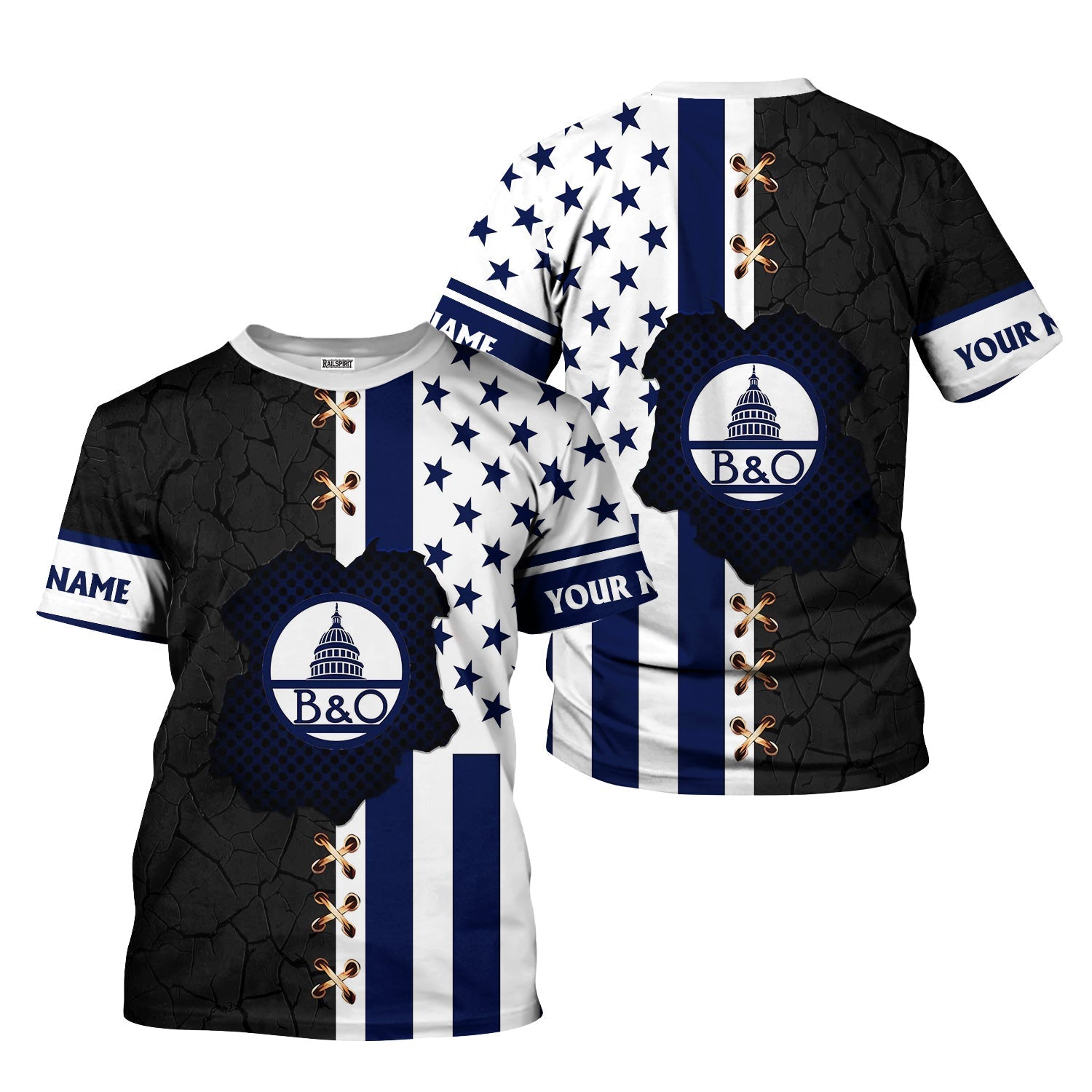 Railspirit Personalized Baltimore and Ohio Railroad T-Shirt American Flag with Crack Effect B&O Train Shirt