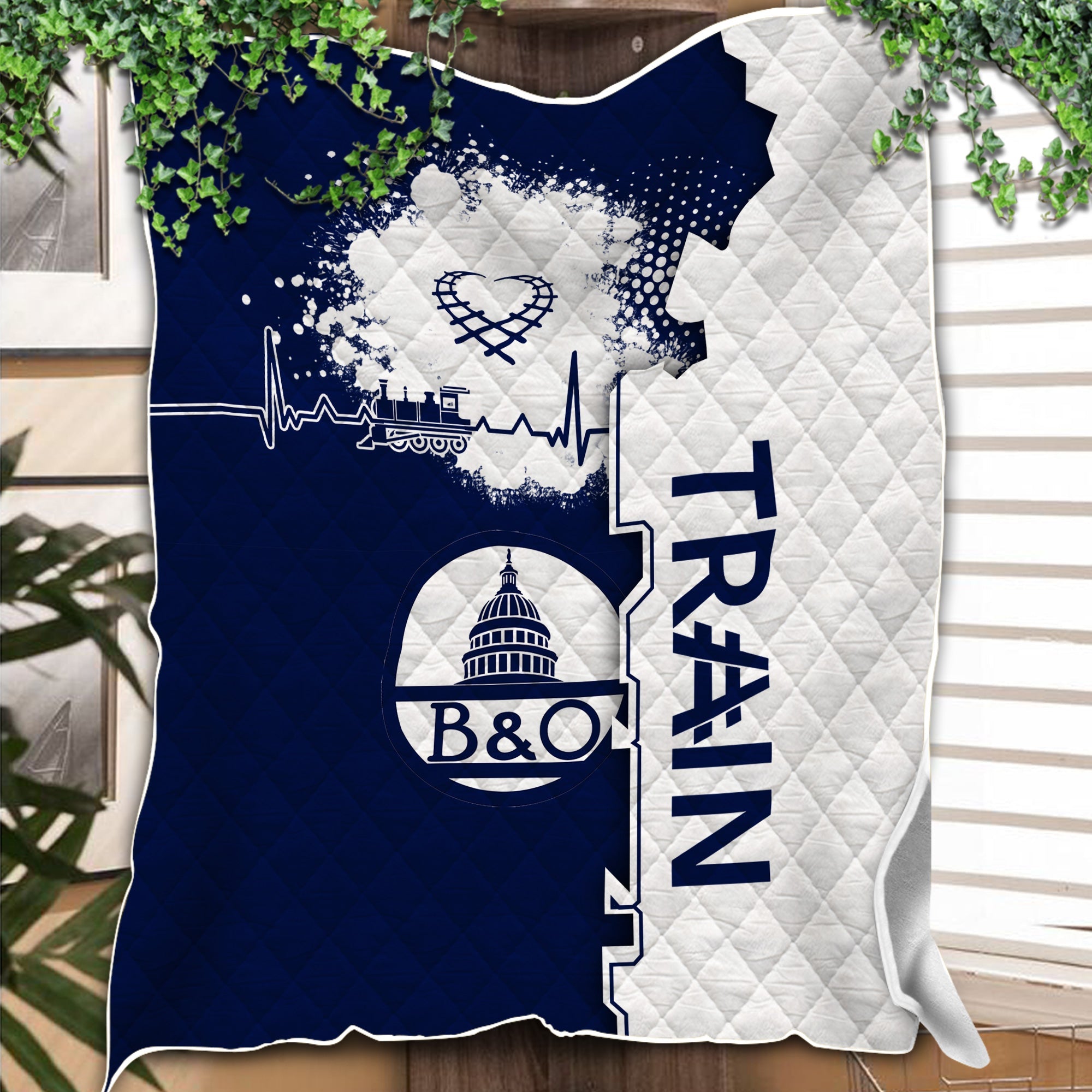 Railspirit Baltimore and Ohio Railroad Premium Quilts Engine Heartbeat and Track Love Style B&O Quilts Gift Idea For Train Lovers