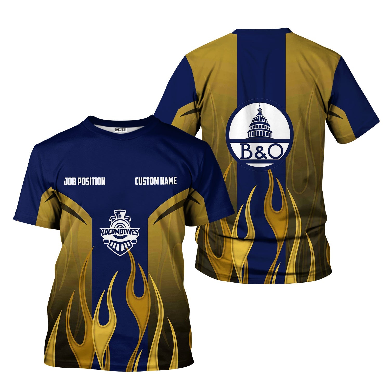 Railspirit Custom Name and Job Title Baltimore and Ohio Railroad T-Shirt Flame Graphic B&O Train Shirt