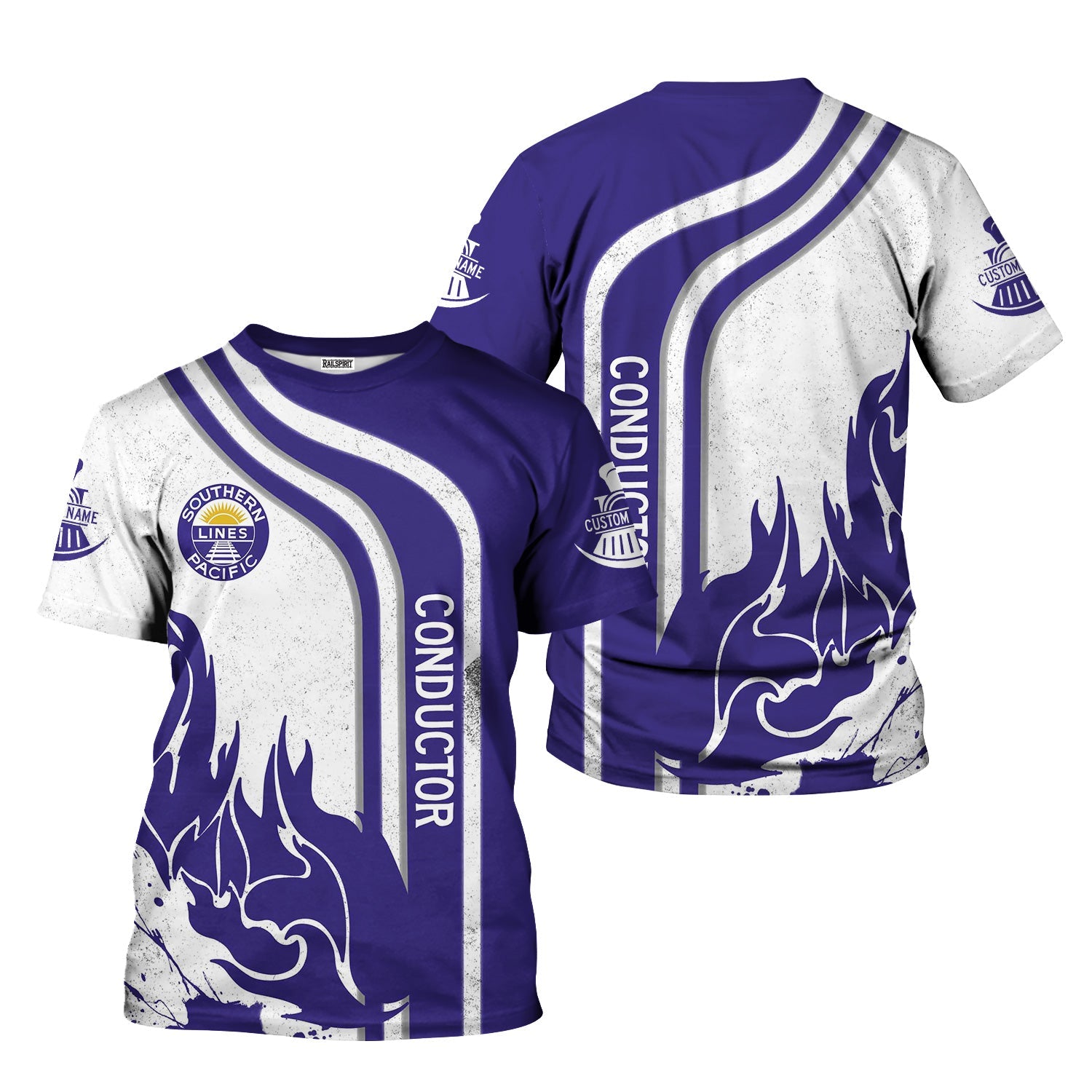 Railspirit Personalized Southern Pacific Railroad T-Shirt Flame Design with Custom Job Position Train Shirt