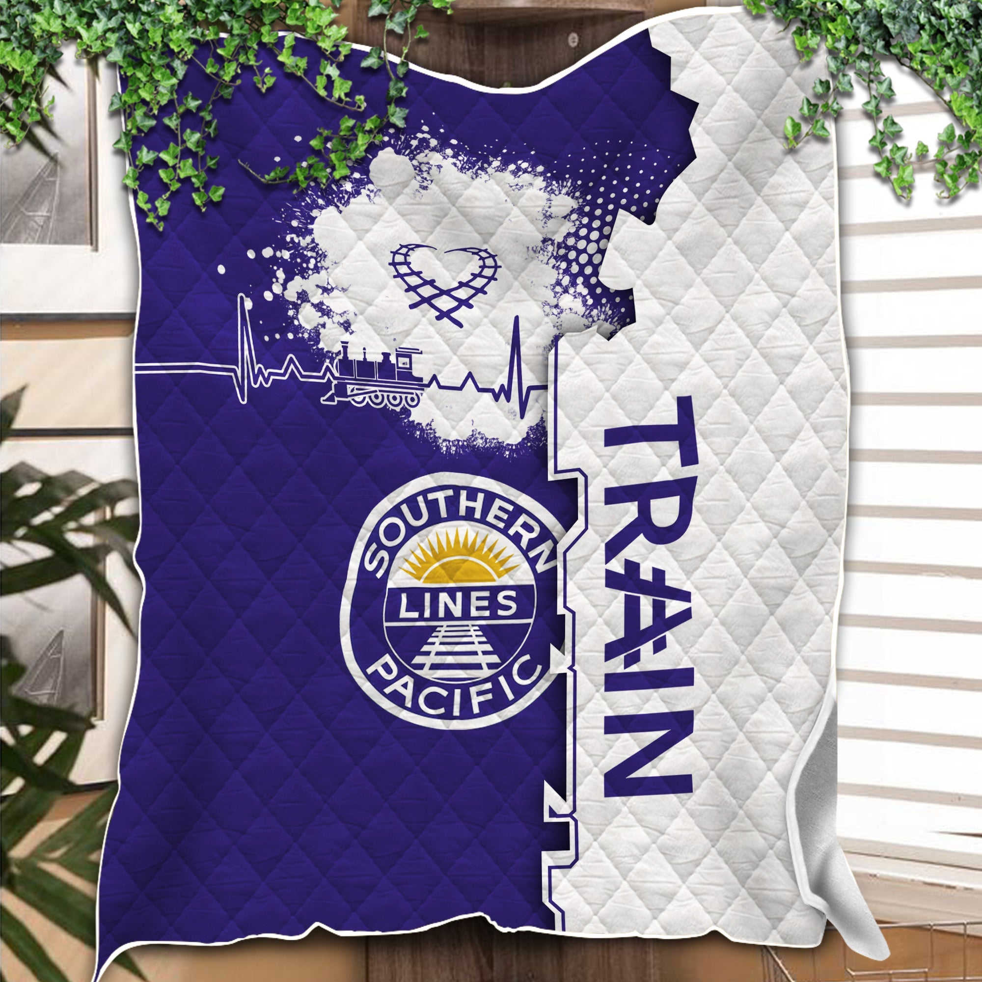 Railspirit Southern Pacific Railroad Premium Quilts Engine Heartbeat and Track Love Style Quilts Gift Idea For Train Lovers