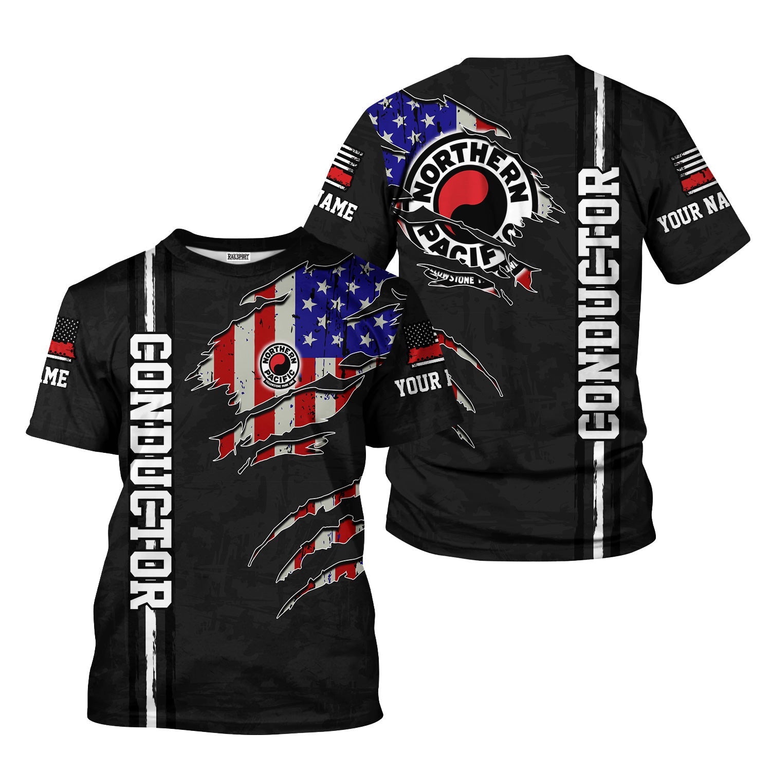Railspirit Personalized Northern Pacific Railway T-Shirt USA Flag Claw Art with Custom Job Train Shirt