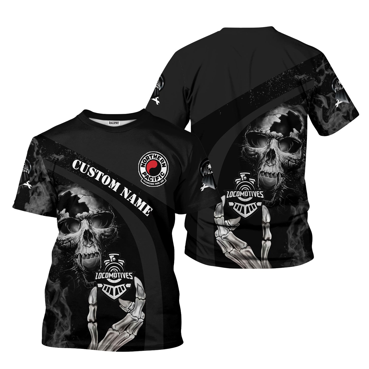 Railspirit Personalized Northern Pacific Railway T-Shirt Flame Skull Design Train Shirt for Locomotive Fans