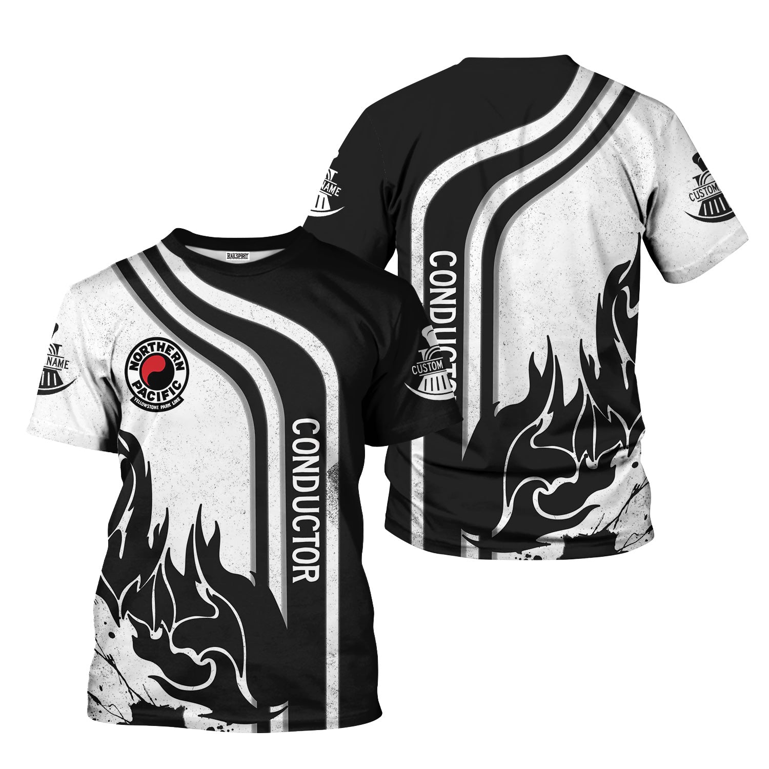 Railspirit Personalized Northern Pacific Railway T-Shirt Flame Design with Custom Job Position Train Shirt