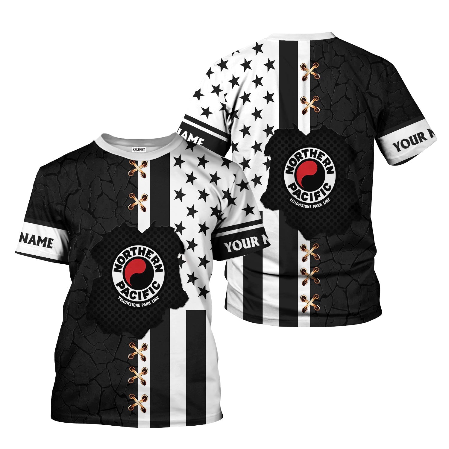 Railspirit Personalized Northern Pacific Railway T-Shirt American Flag with Crack Effect Train Shirt