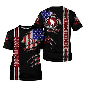 Railspirit Personalized Great Northern Railway T-Shirt USA Flag Claw Art with Custom Job GNR Train Shirt