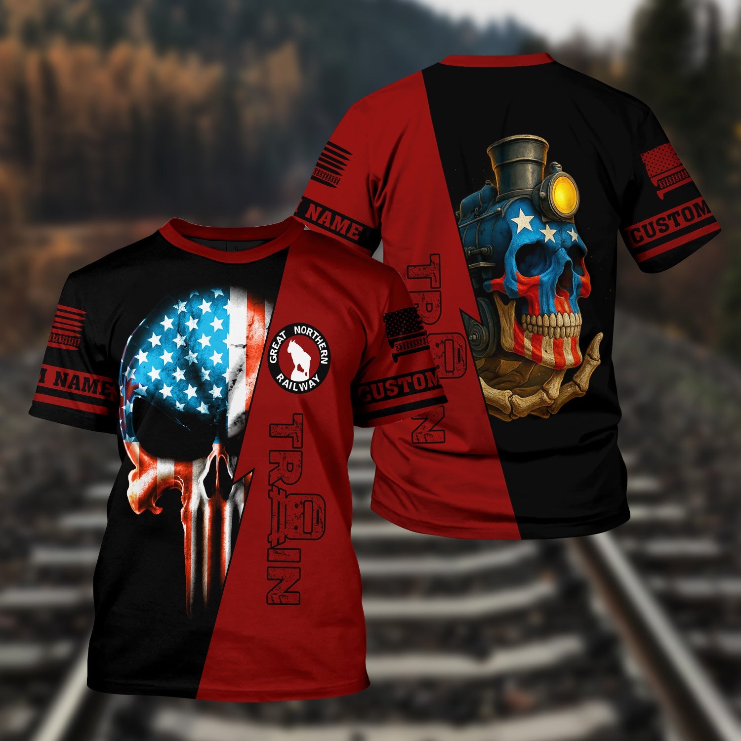 Railspirit Personalized Great Northern Railway T-Shirt Train Skull American Flag GNR Shirt All Over Print