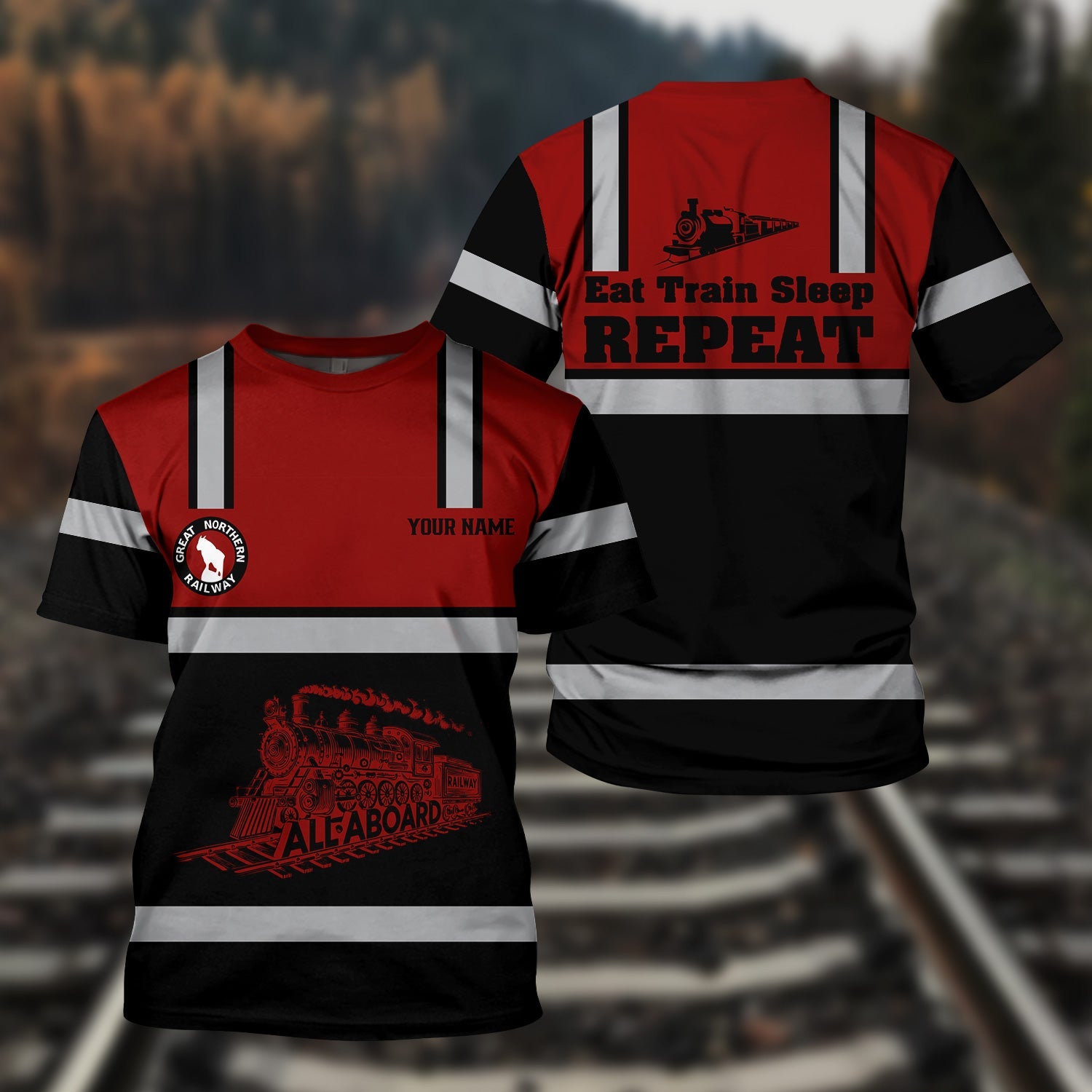 Railspirit Custom Name Great Northern Railway T Shirt Eat Train Sleep Repeat GNR Printed Train Shirt