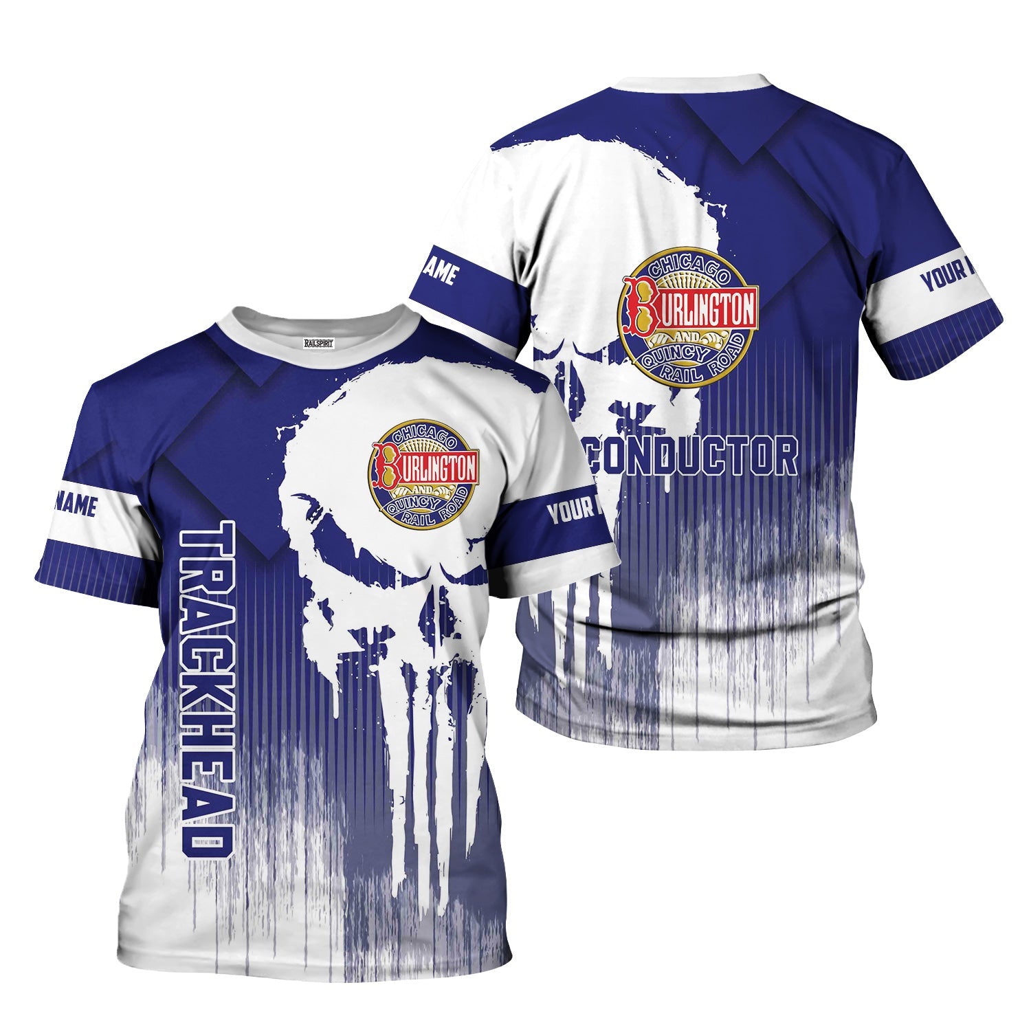 Railspirit Personalized Chicago, Burlington and Quincy Railroad T-Shirt Skull Design with Custom Job Train Shirt for Trackhead Crew