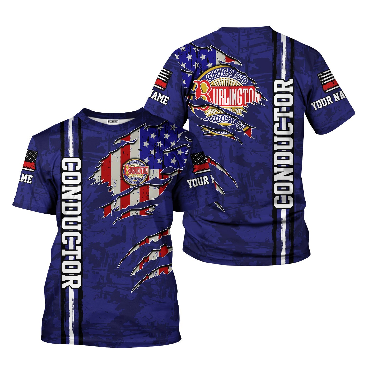 Railspirit Personalized Chicago, Burlington and Quincy Railroad T-Shirt USA Flag Claw Art with Custom Job Train Shirt