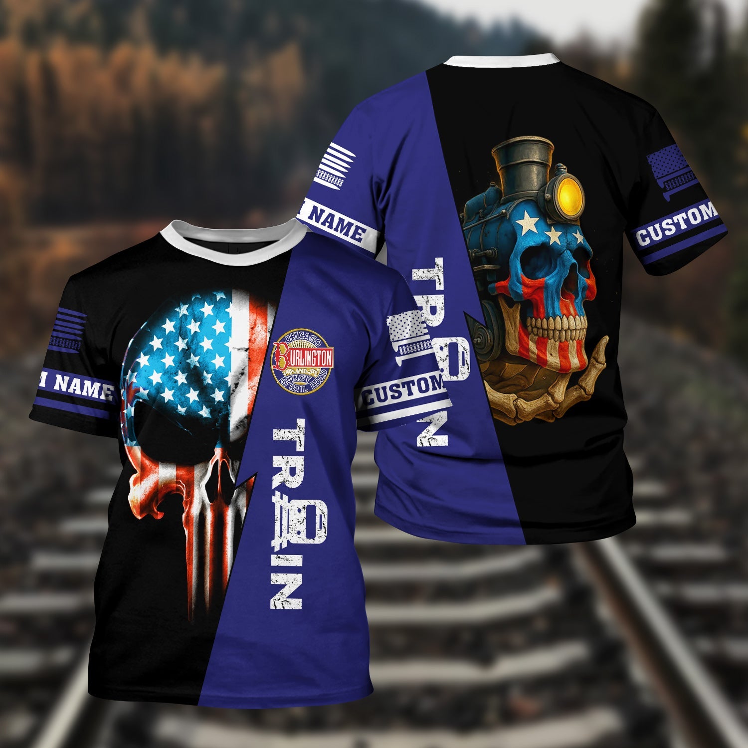 Railspirit Personalized Chicago, Burlington and Quincy Railroad T-Shirt Train Skull American Flag Shirt All Over Print