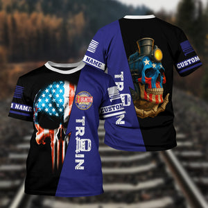 Railspirit Personalized Chicago, Burlington and Quincy Railroad T-Shirt Train Skull American Flag Shirt All Over Print