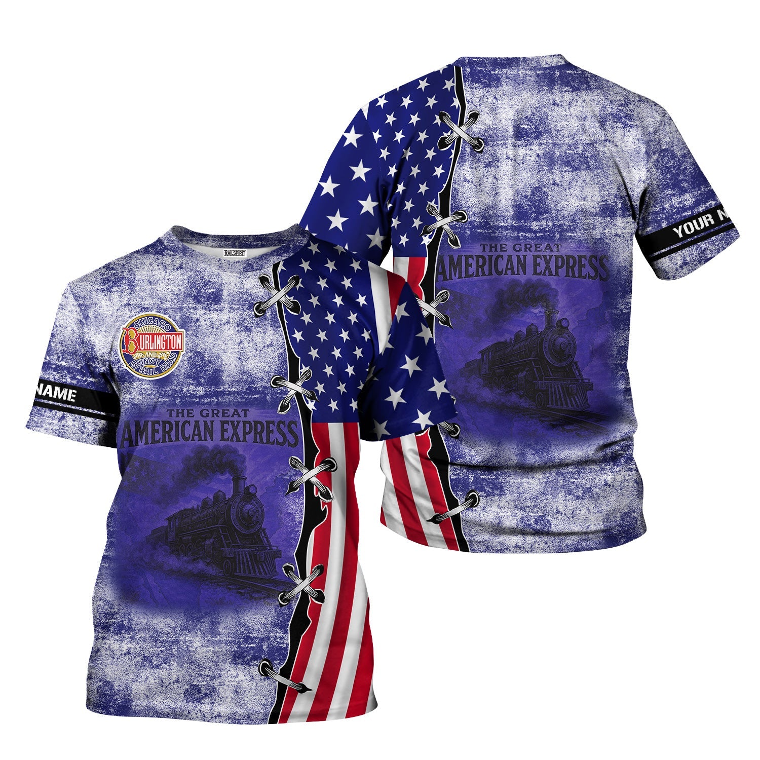 Railspirit Personalized Chicago, Burlington and Quincy Railroad T-Shirt Retro American Express Train With USA Flag Shirt
