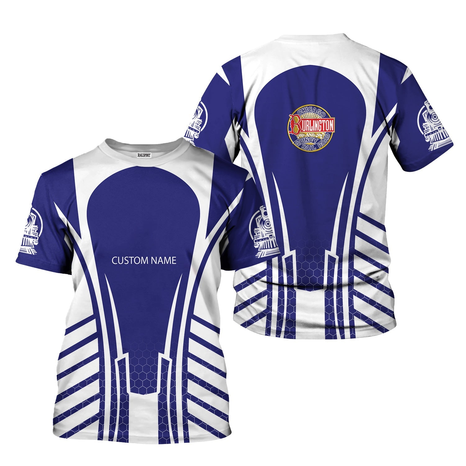 Railspirit Personalized Chicago, Burlington and Quincy Railroad T-Shirt Striped Railroad Style Train Shirt All Over Print