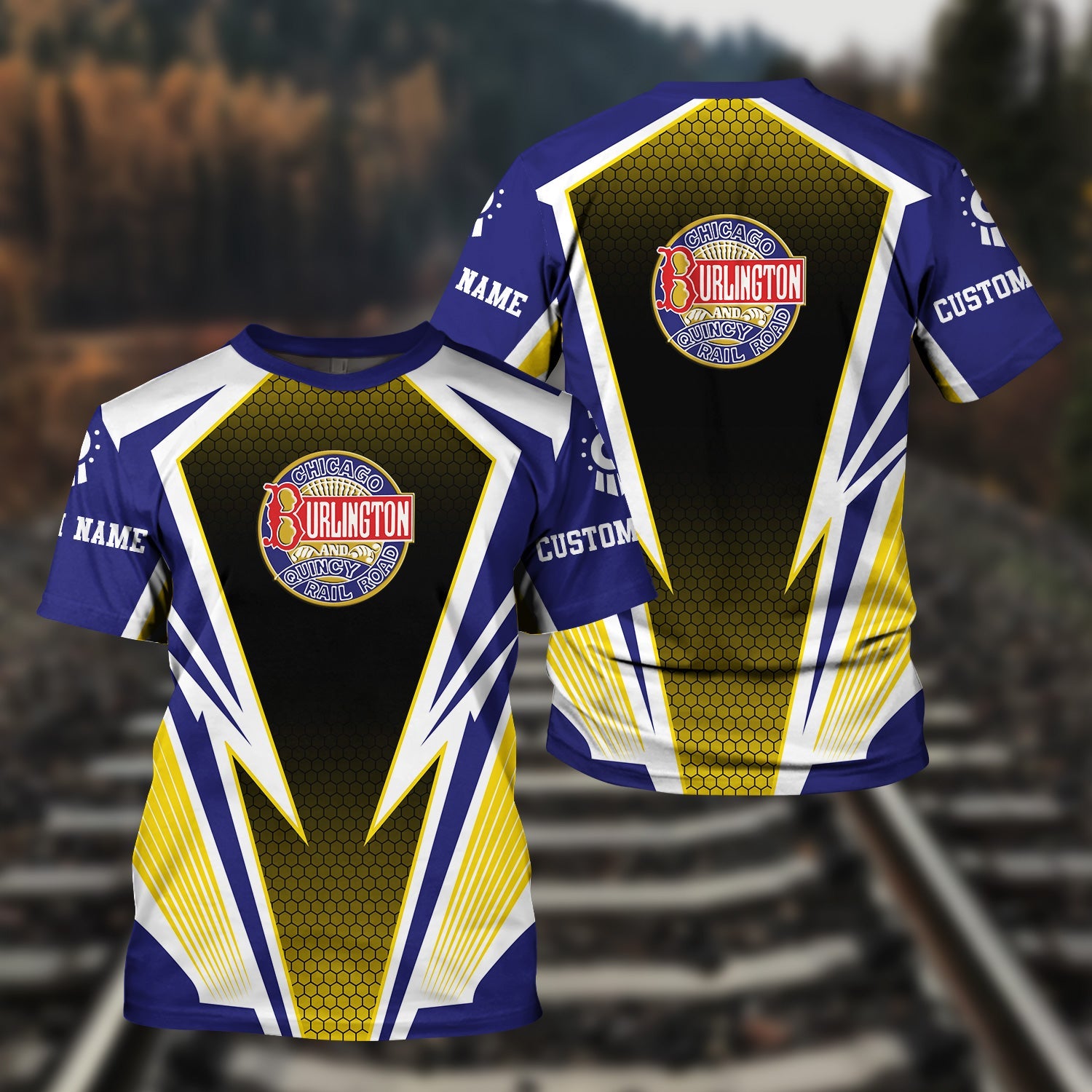 Railspirit Personalized Chicago, Burlington and Quincy Railroad T-Shirt Lightning Graphic Style Shirt Gift Idea For Train Lover