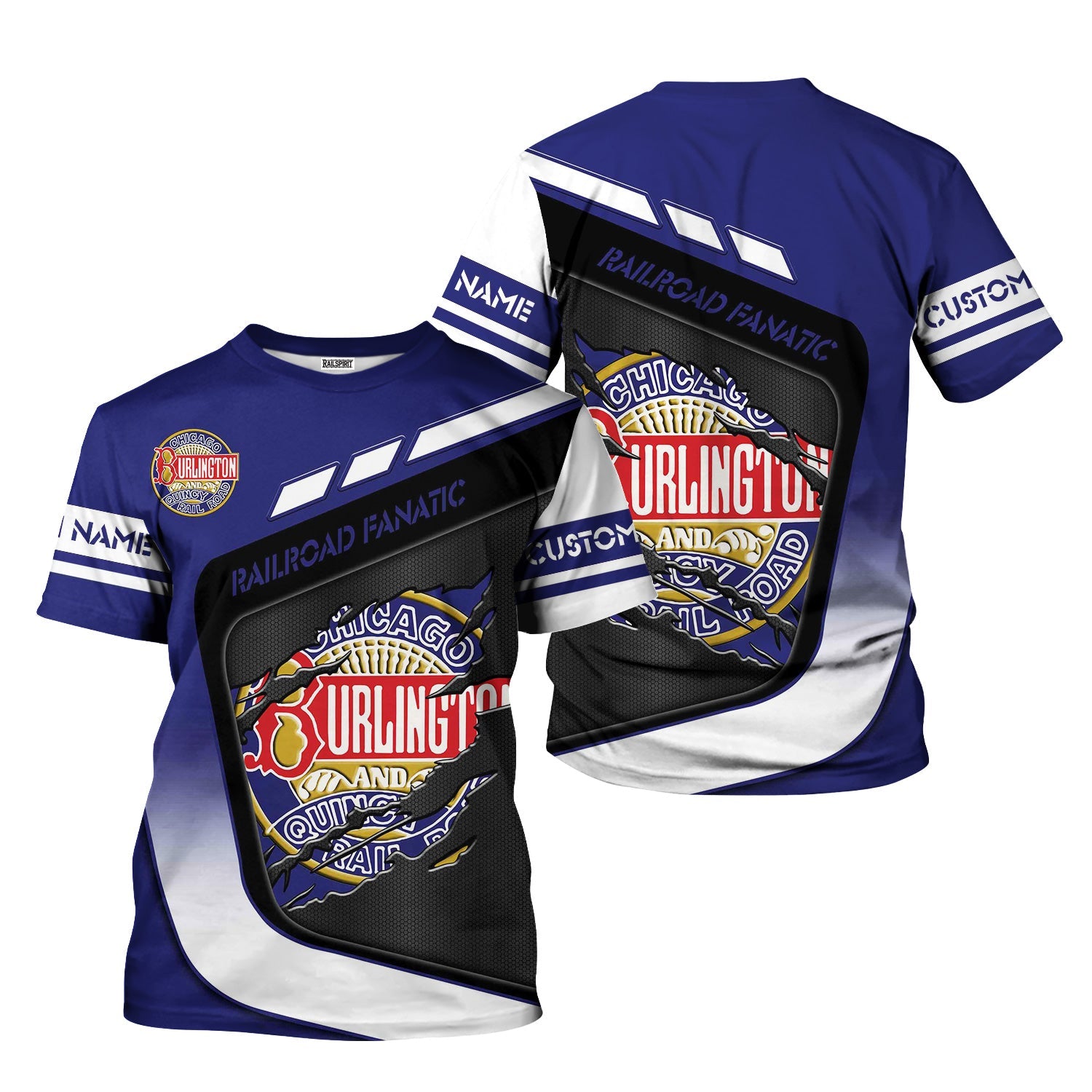 Railspirit Personalized Chicago, Burlington and Quincy Railroad T-Shirt Ripped Texture Style Train Shirt For Railroad Fanatic