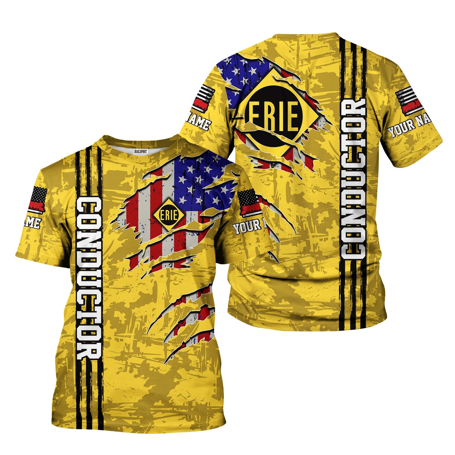 Railspirit Personalized Erie Railroad T-Shirt USA Flag Claw Art with Custom Job Train Shirt