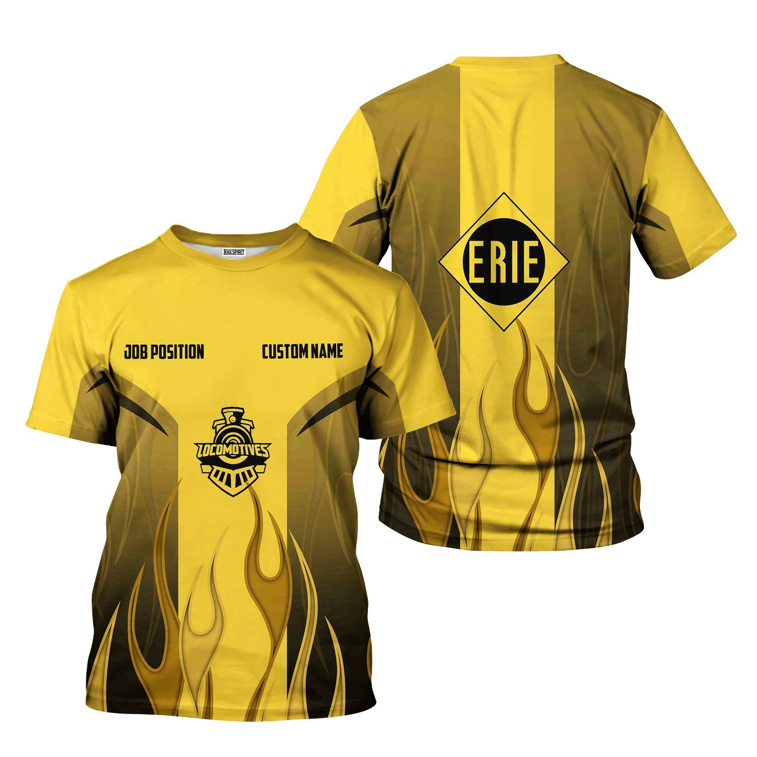 Railspirit Custom Name and Job Title Erie Railroad T-Shirt Flame Graphic Train Shirt