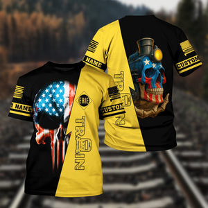 Railspirit Personalized Erie Railroad T-Shirt Train Skull American Flag Shirt All Over Print