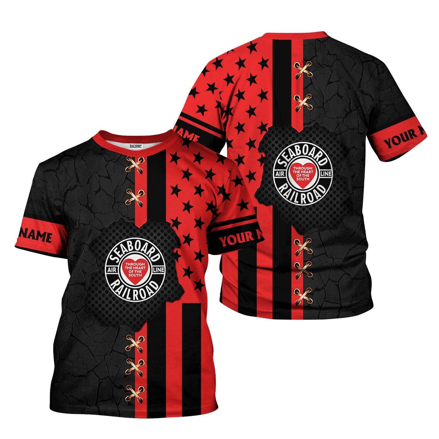 Railspirit Personalized Seaboard Air Line Railroad T-Shirt American Flag with Crack Effect Train Shirt