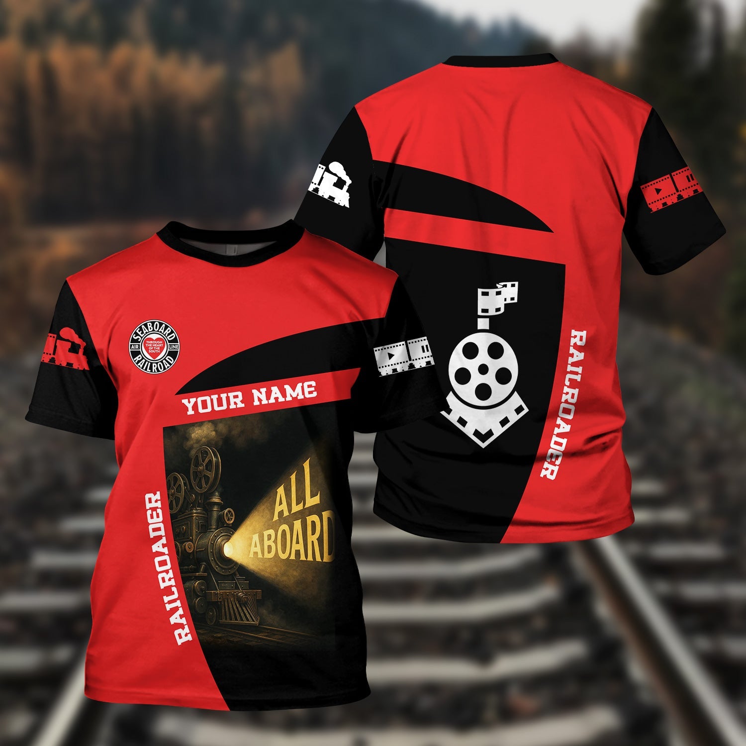 Railspirit Personalized Seaboard Air Line Railroad T-Shirt All Aboard Steam Train Movie Projector Style Shirt