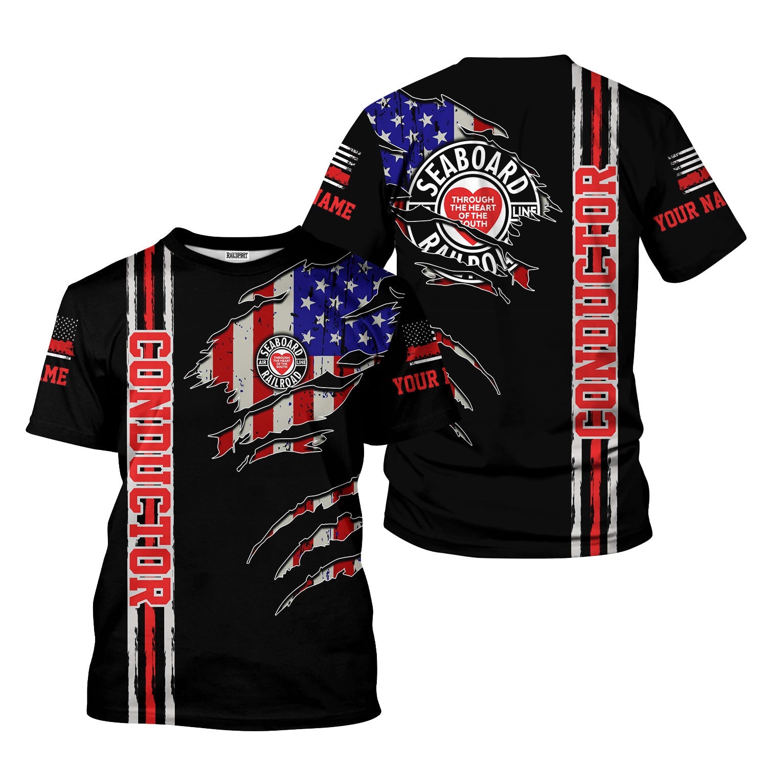 Railspirit Personalized Seaboard Air Line Railroad T-Shirt USA Flag Claw Art with Custom Job Train Shirt