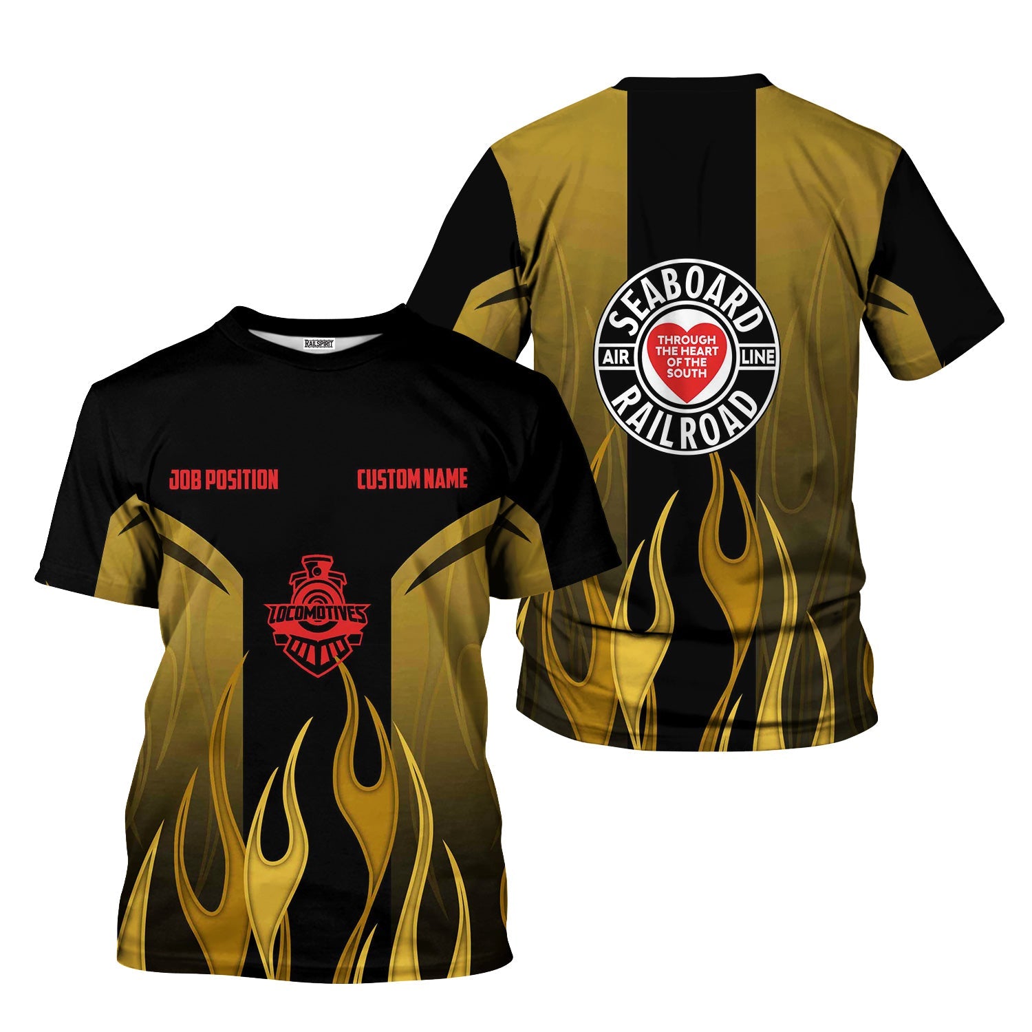 Railspirit Custom Name and Job Title Seaboard Air Line Railroad T-Shirt Flame Graphic Train Shirt