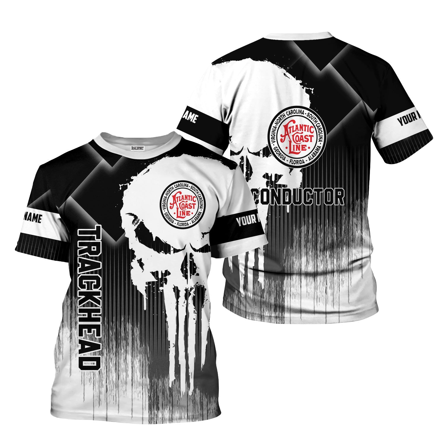 Railspirit Personalized Atlantic Coast Line Railroad T-Shirt Skull Design with Custom Job Train Shirt for Trackhead Crew
