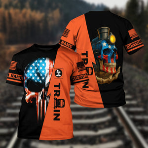 Railspirit Personalized Illinois Central Railroad T-Shirt Train Skull American Flag Shirt All Over Print