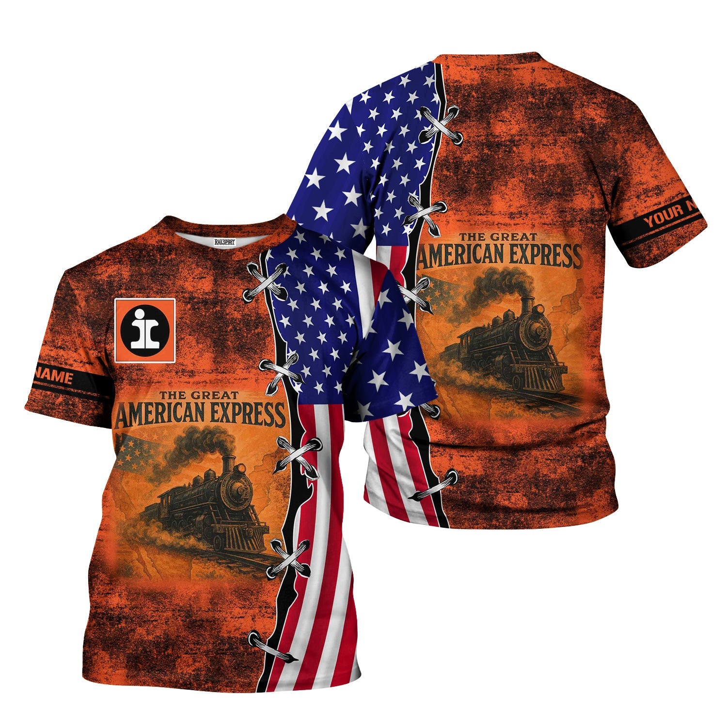 Railspirit Personalized Illinois Central Railroad T-Shirt Retro American Express Train With USA Flag Shirt