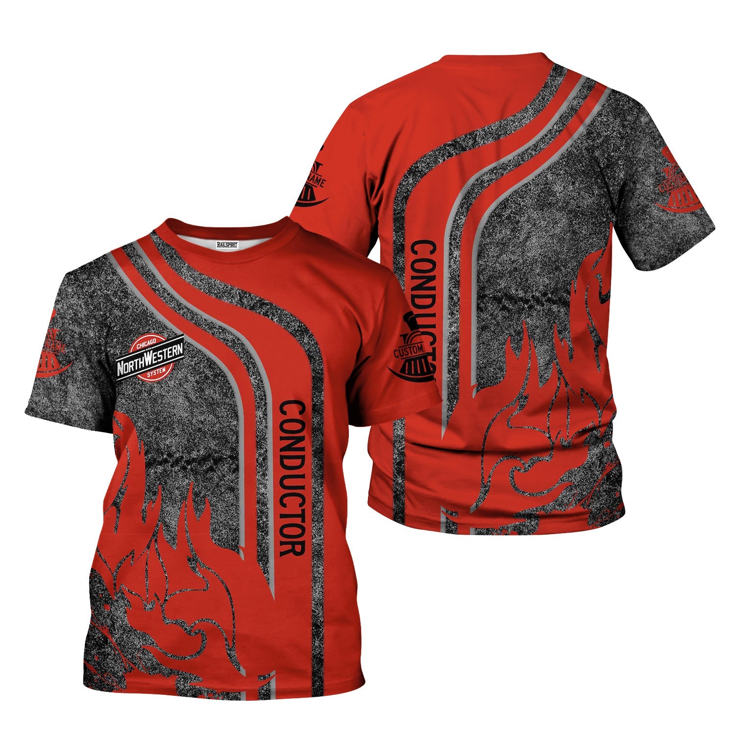 Railspirit Personalized Chicago and North Western Railway T-Shirt Flame Design with Custom Job Position Train Shirt