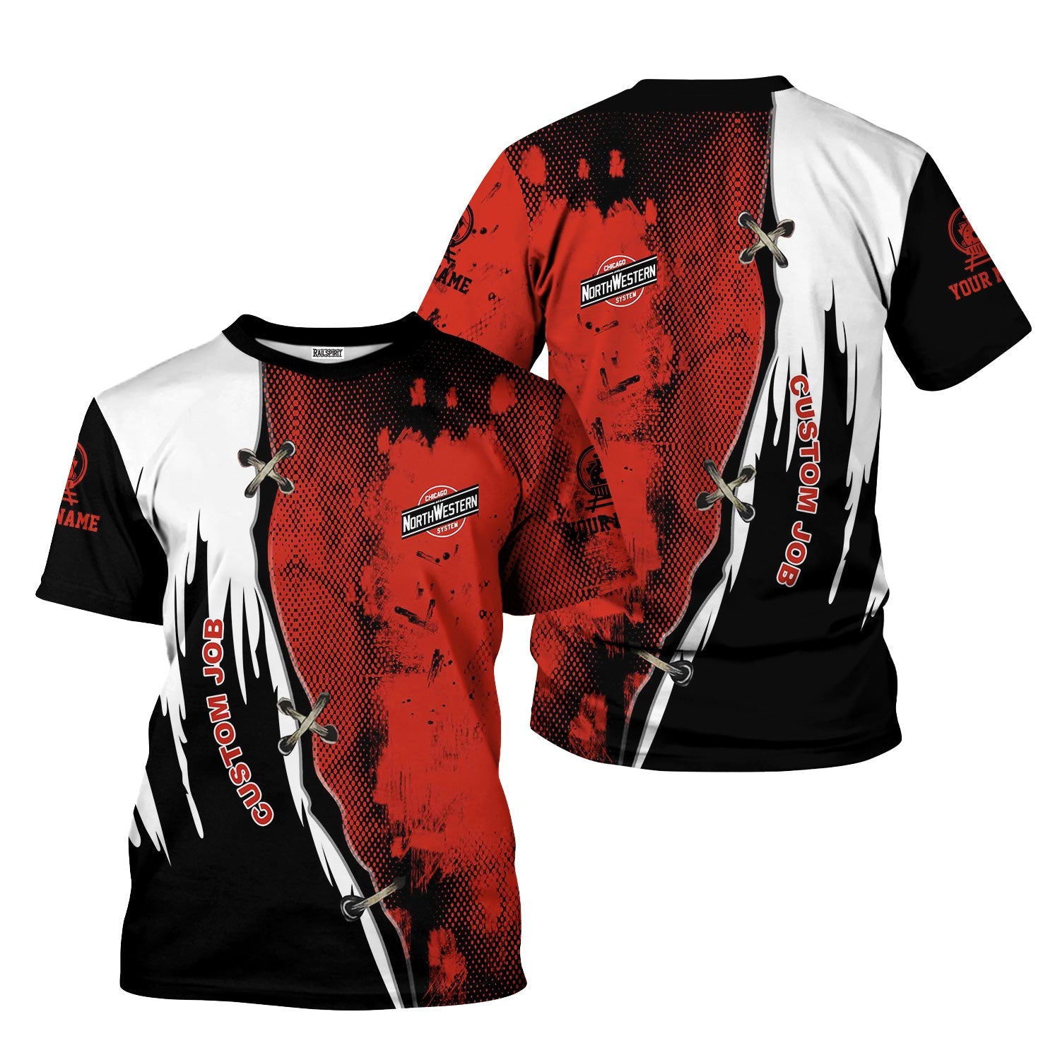 Railspirit Personalized Chicago and North Western Railway T-Shirt Retro Stitches Design with Custom Position Train Shirt