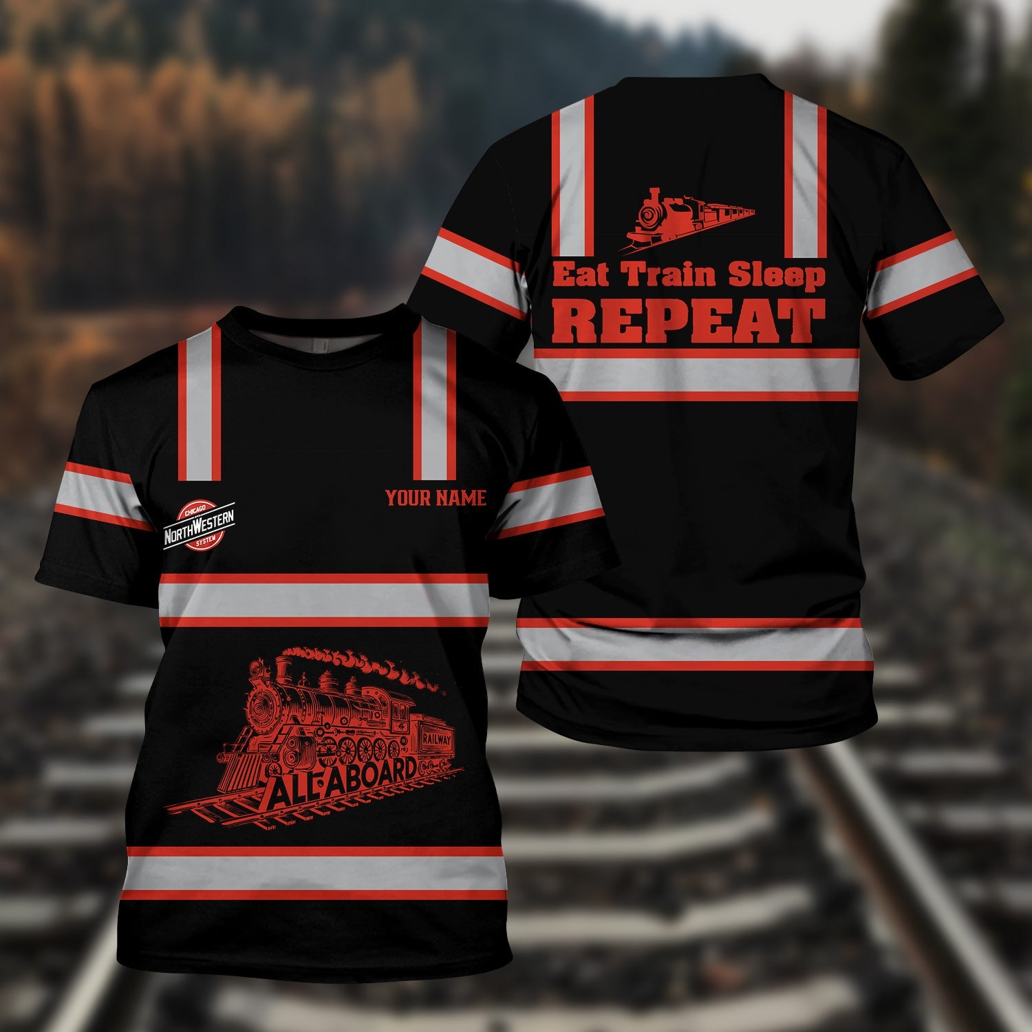 Railspirit Custom Name Chicago and North Western Railway T Shirt Eat Train Sleep Repeat Printed Train Shirt