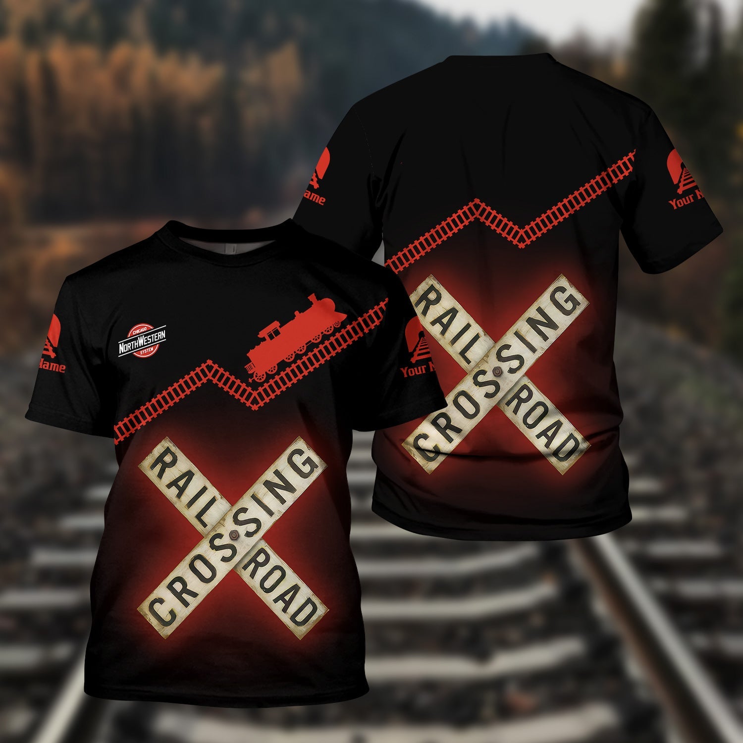 Railspirit Personalized Chicago and North Western Railway T Shirt Railroad Crossing Printed Train Track Shirt
