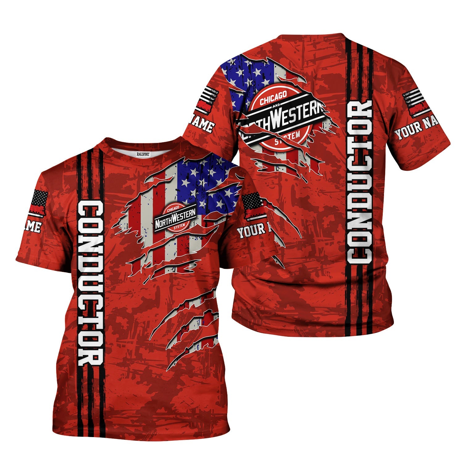 Railspirit Personalized Chicago and North Western Railway T-Shirt USA Flag Claw Art with Custom Job Train Shirt