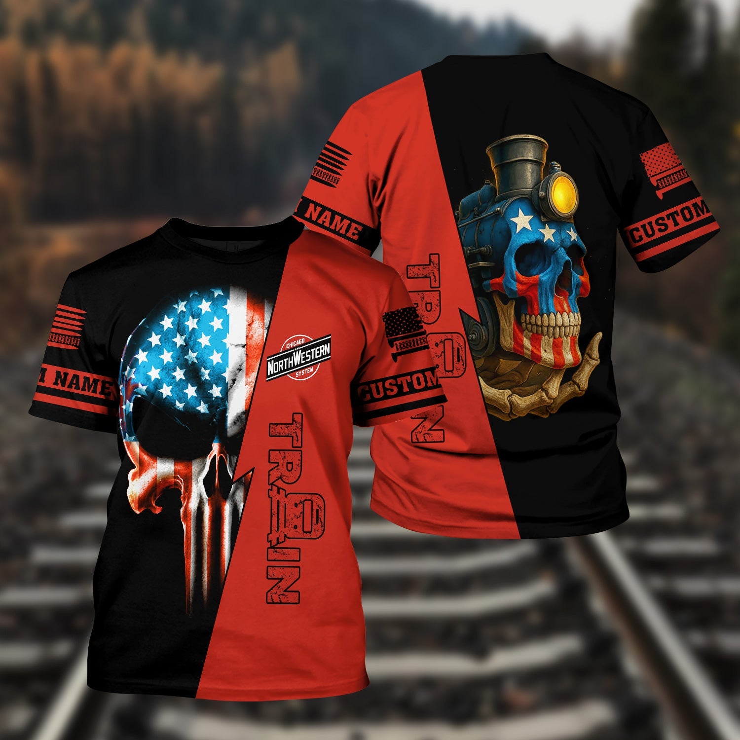 Railspirit Personalized Chicago and North Western Railway T-Shirt Train Skull American Flag Shirt All Over Print