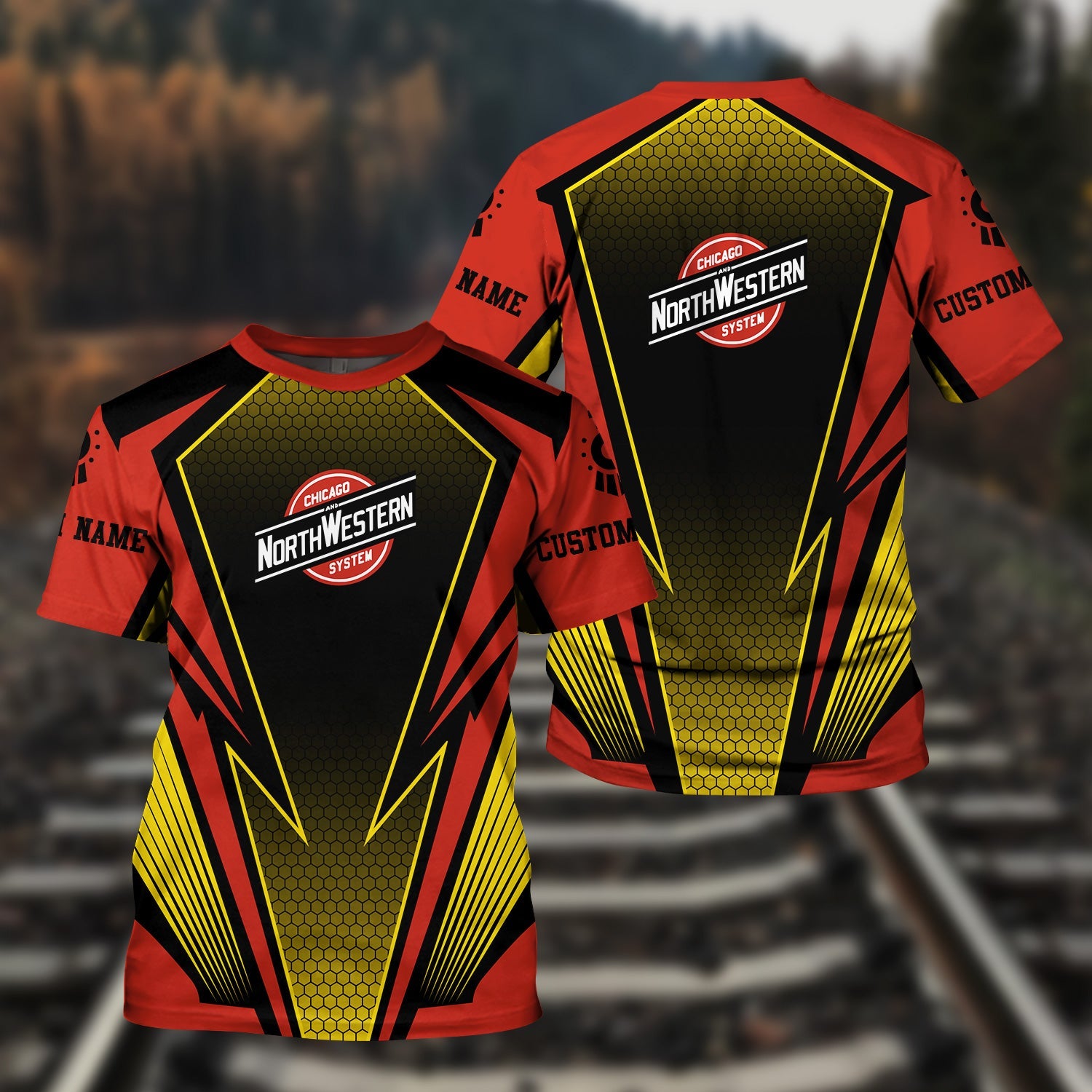 Railspirit Personalized Chicago and North Western Railway T-Shirt Lightning Graphic Style Shirt Gift Idea For Train Lover