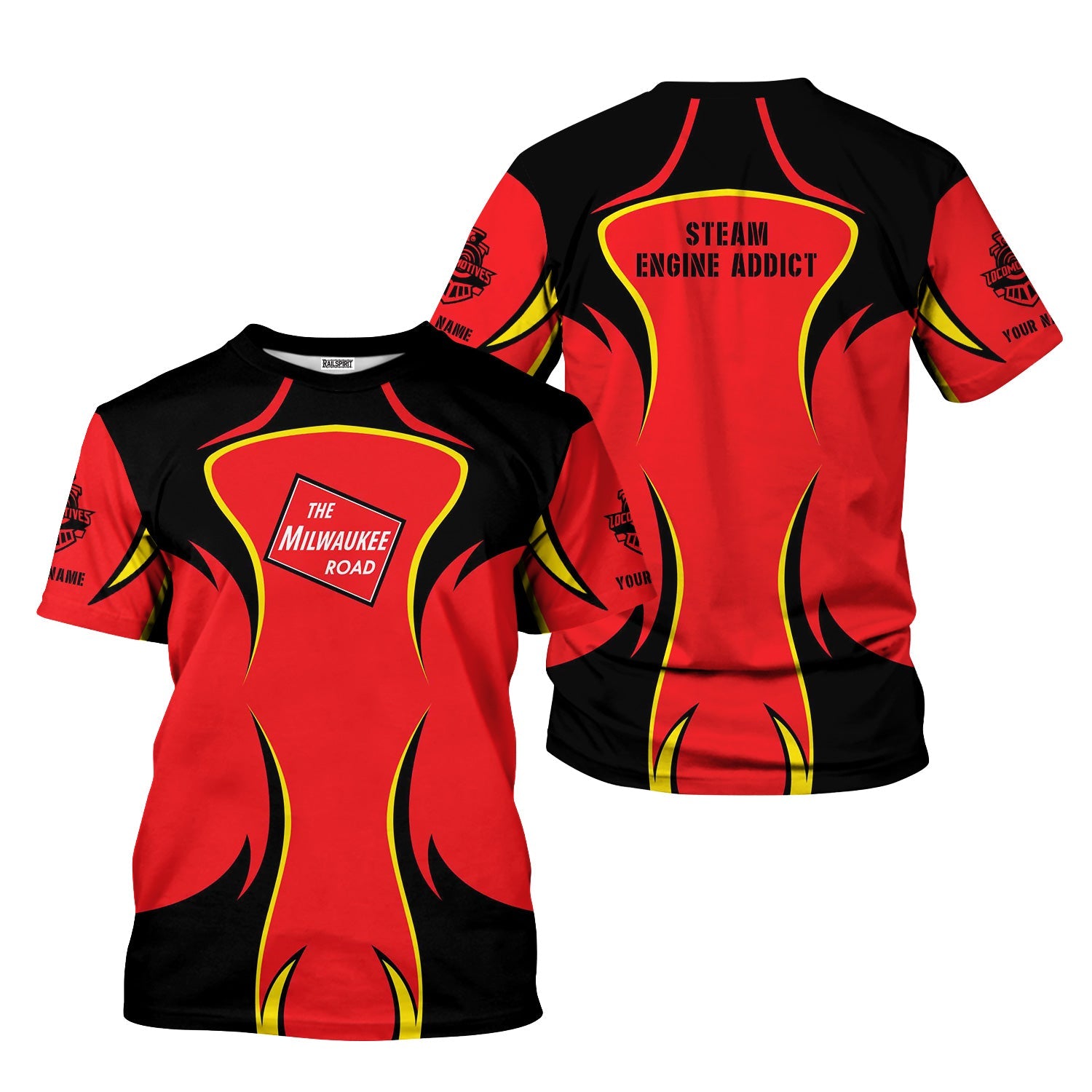 Railspirit Personalized Chicago, Milwaukee, St.Paul and Pacific Railroad T-Shirt Distinctive Flame Style Milwaukee Road Shirt For Steam Engine Addict