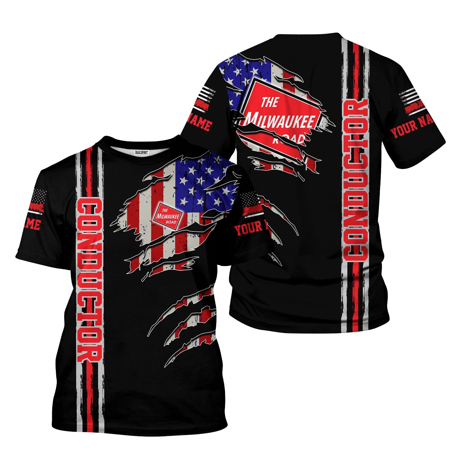 Railspirit Personalized Chicago, Milwaukee, St. Paul and Pacific Railroad T-Shirt USA Flag Claw Art with Custom Job Milwaukee Road Train Shirt