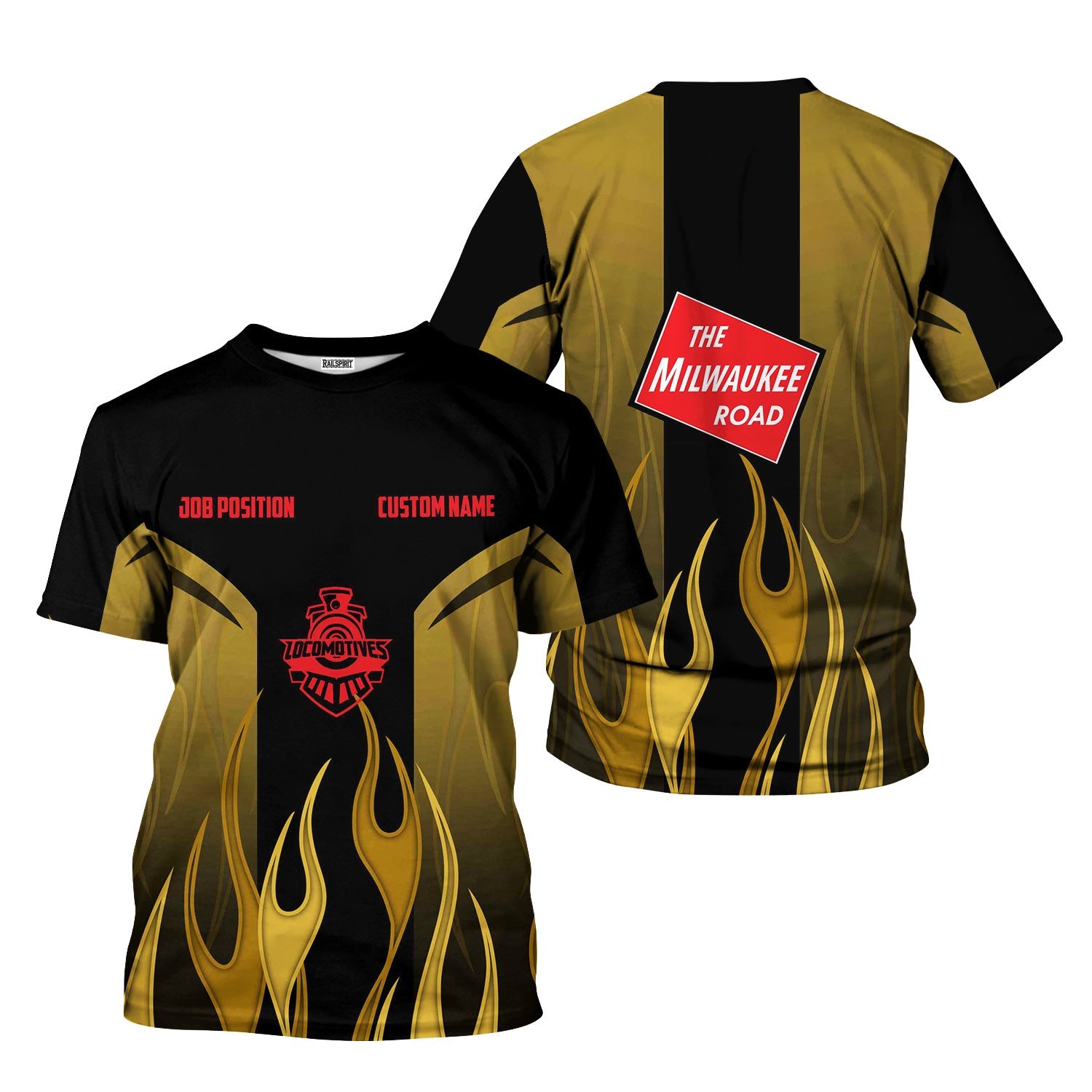 Railspirit Custom Name and Job Title Chicago, Milwaukee, St. Paul and Pacific Railroad T-Shirt Flame Graphic Milwaukee Road Train Shirt