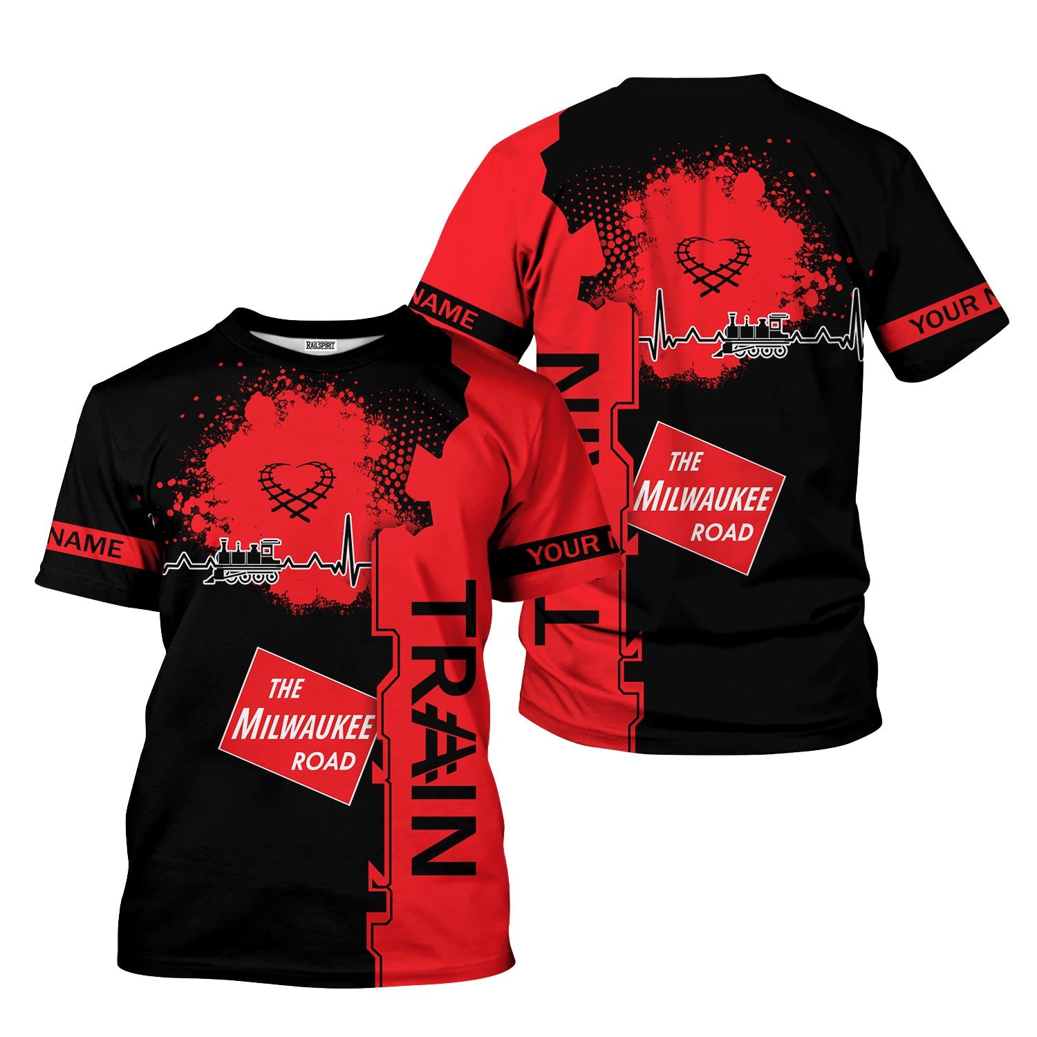 Railspirit Personalized Chicago, Milwaukee, St. Paul and Pacific Railroad T-Shirt Engine Heartbeat and Track Love Style Milwaukee Road Shirt