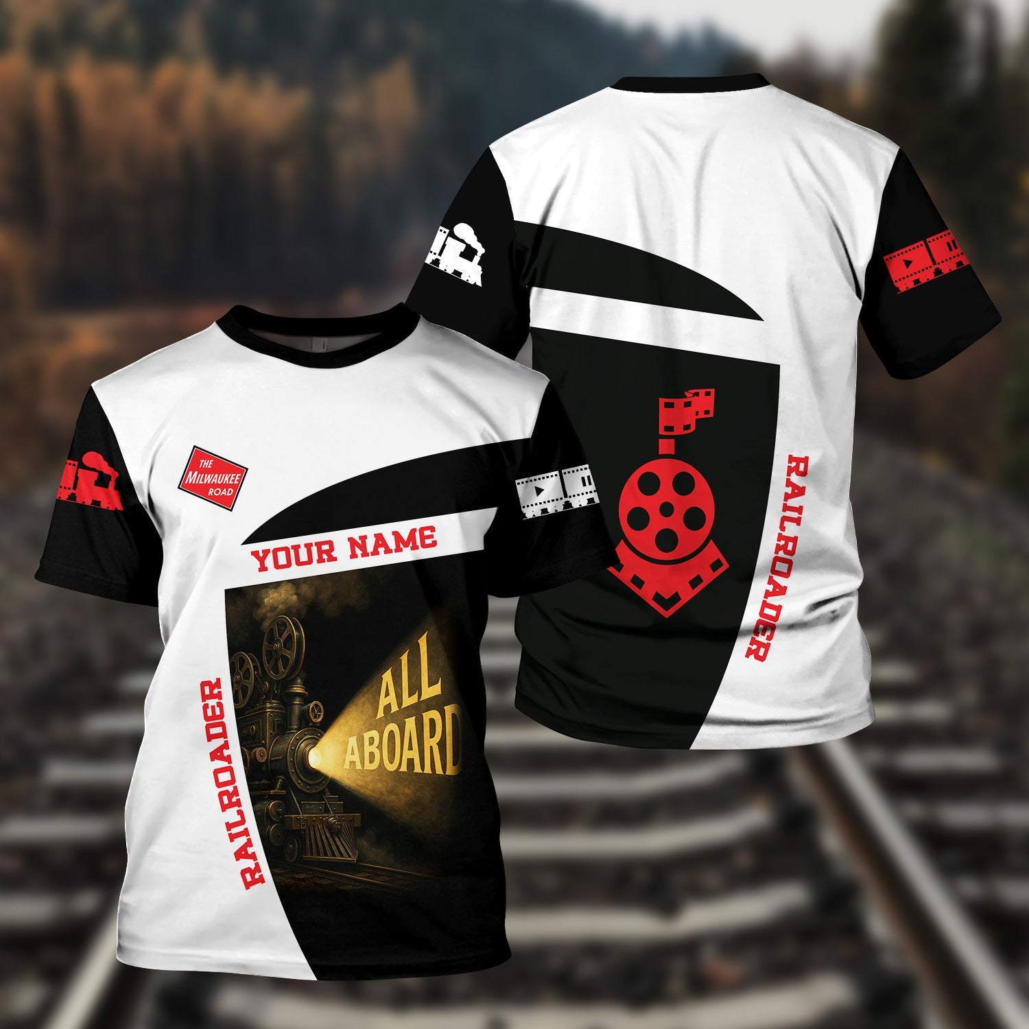 Railspirit Personalized Chicago, Milwaukee, St. Paul and Pacific Railroad T-Shirt All Aboard Steam Train Movie Projector Style Milwaukee Road Shirt