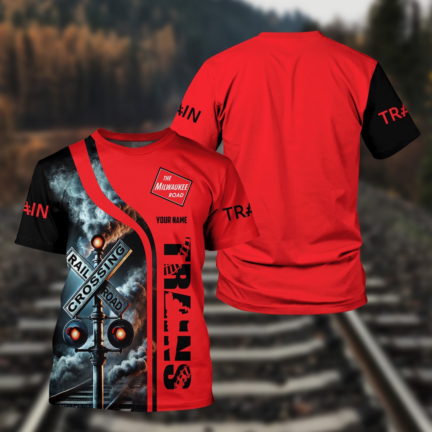 Railspirit Custom Name Chicago, Milwaukee, St. Paul and Pacific Railroad T Shirt Railroad Crossing Sign Train Shirt All Over Print