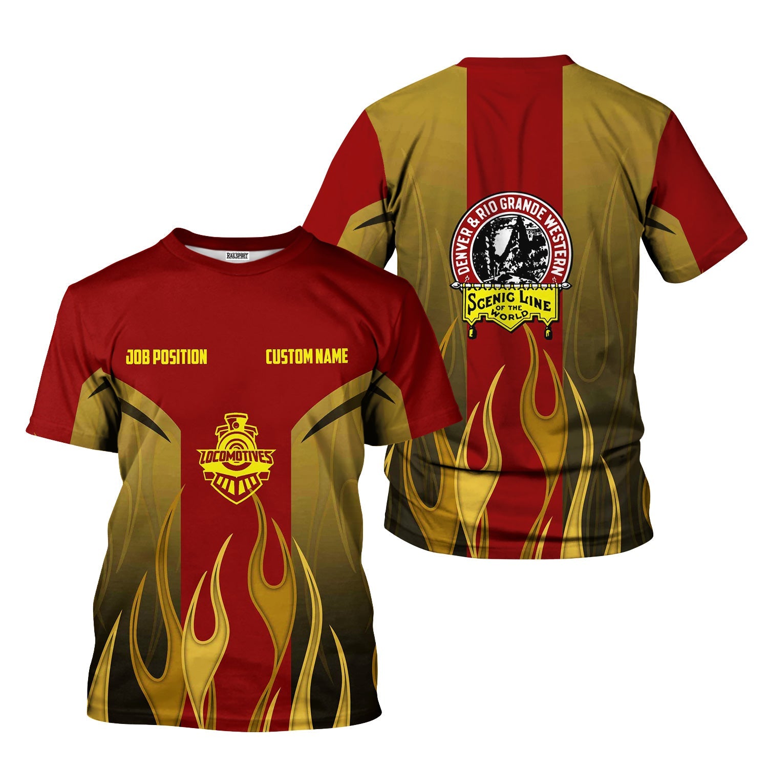 Railspirit Custom Name and Job Title Denver and Rio Grande Western Railroad T-Shirt Flame Graphic Train Shirt