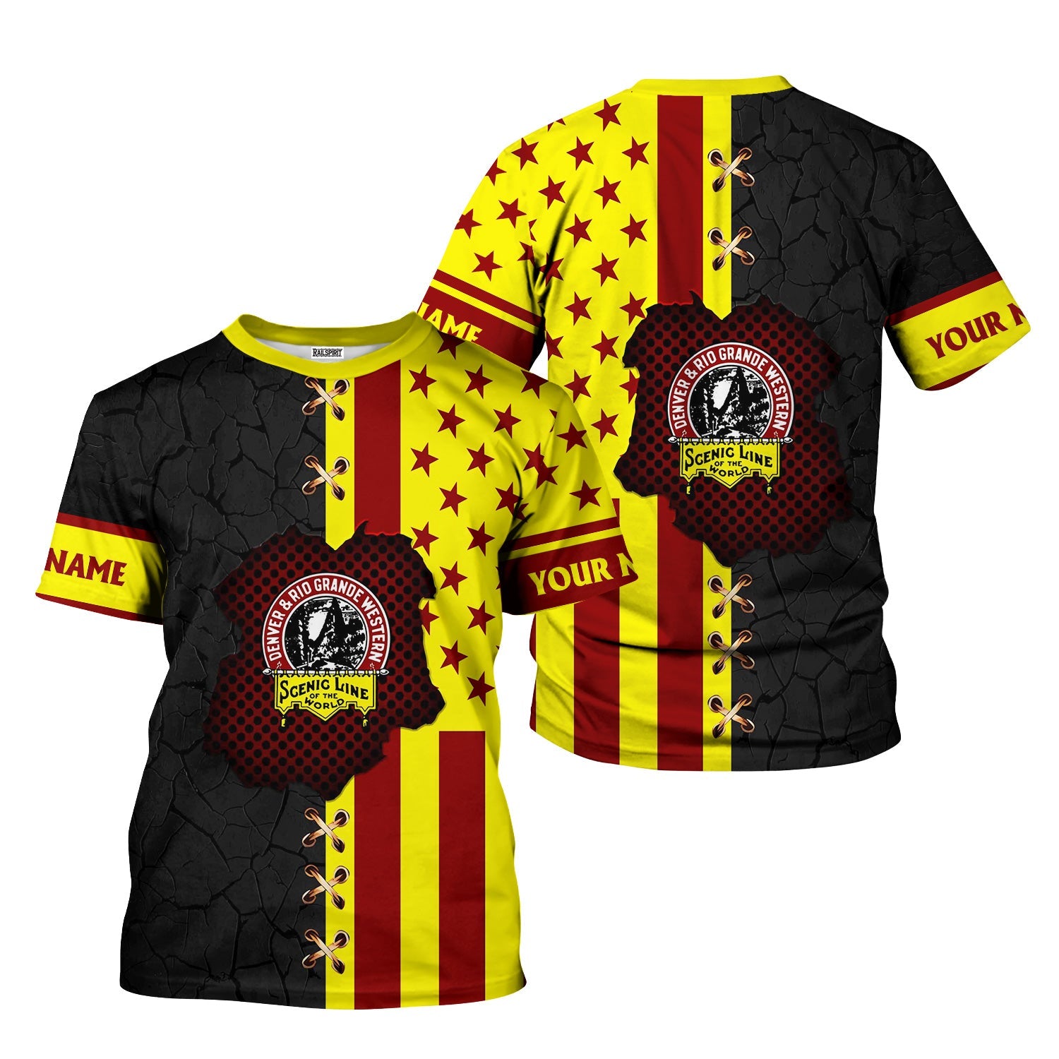 Railspirit Personalized Denver and Rio Grande Western Railroad T-Shirt American Flag with Crack Effect Train Shirt