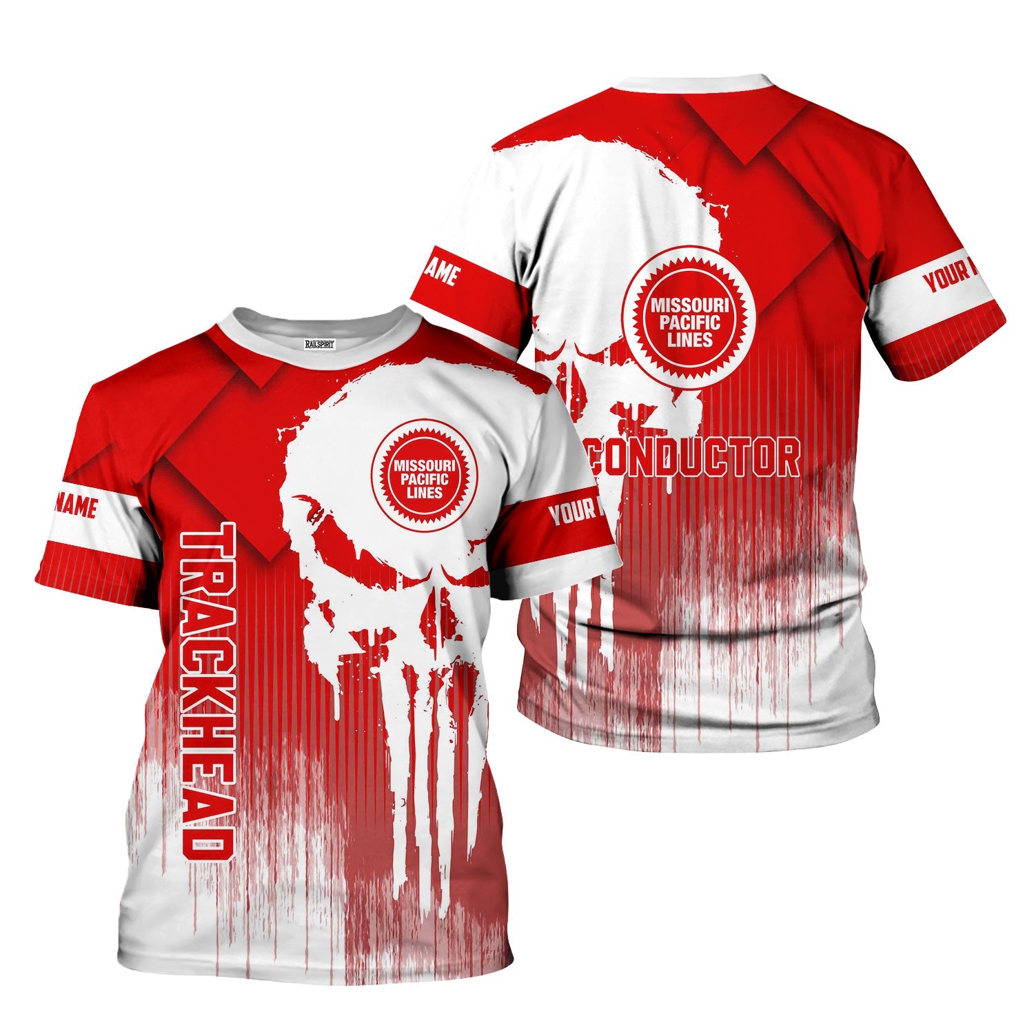 Railspirit Personalized Missouri Pacific Railroad T-Shirt Skull Design with Custom Job Train Shirt for Trackhead Crew