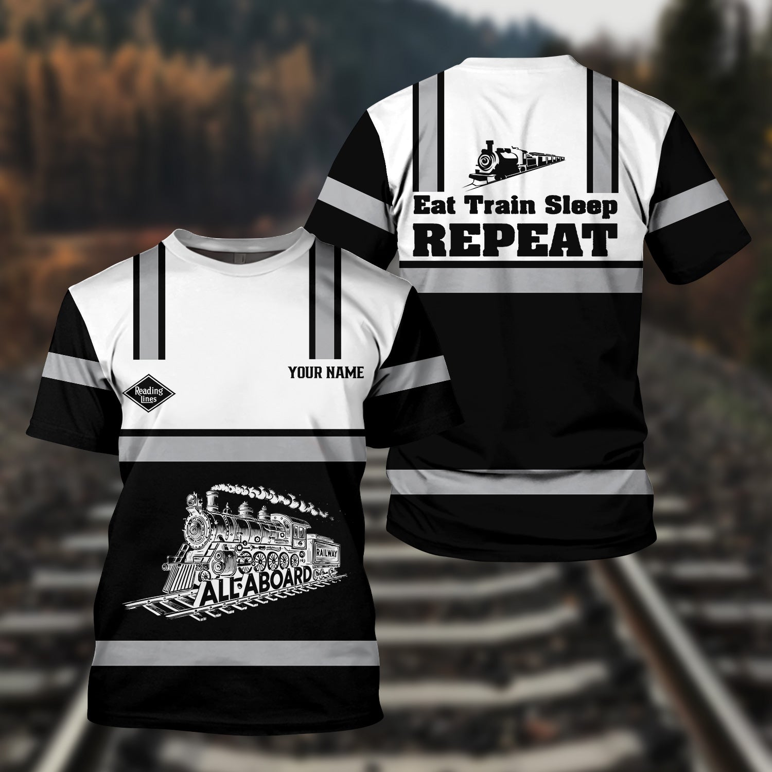 Railspirit Custom Name Reading Railroad T Shirt Eat Train Sleep Repeat Printed Train Shirt